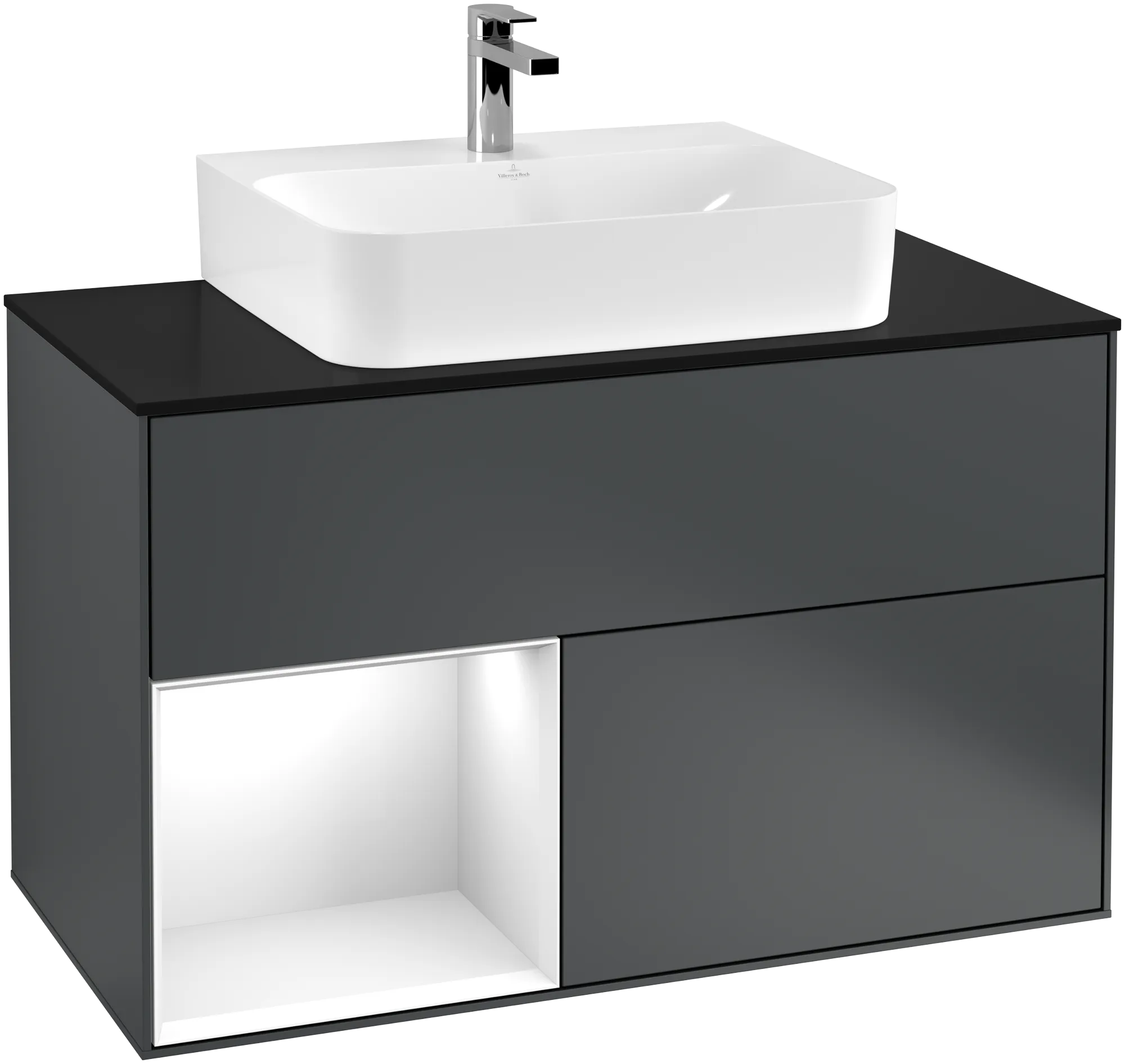 Bild von VILLEROY BOCH Finion Waschbeckenunterschrank, mit Beleuchtung, 2 Auszüge, 1000 x 603 x 501 mm, Midnight Blue Matt Lacquer / Glossy White Lacquer / Glass Black Matt #G112GFHG