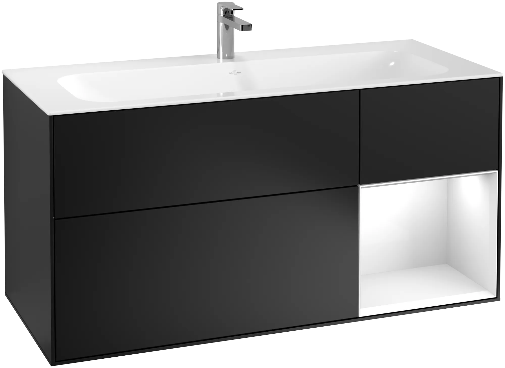 Bild von VILLEROY BOCH Finion Waschbeckenunterschrank, mit Beleuchtung, 3 Auszüge, 1196 x 591 x 498 mm, Black Matt Lacquer / Glossy White Lacquer #G070GFPD