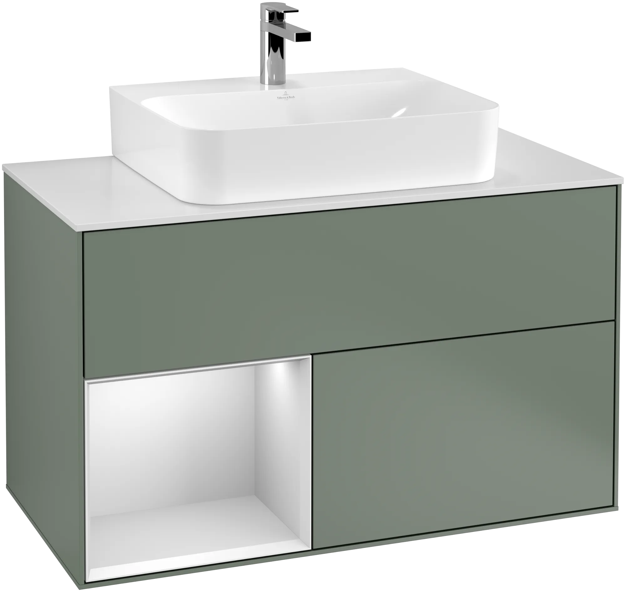 Bild von VILLEROY BOCH Finion Waschbeckenunterschrank, mit Beleuchtung, 2 Auszüge, 1000 x 603 x 501 mm, Olive Matt Lacquer / White Matt Lacquer / Glass White Matt #G111MTGM