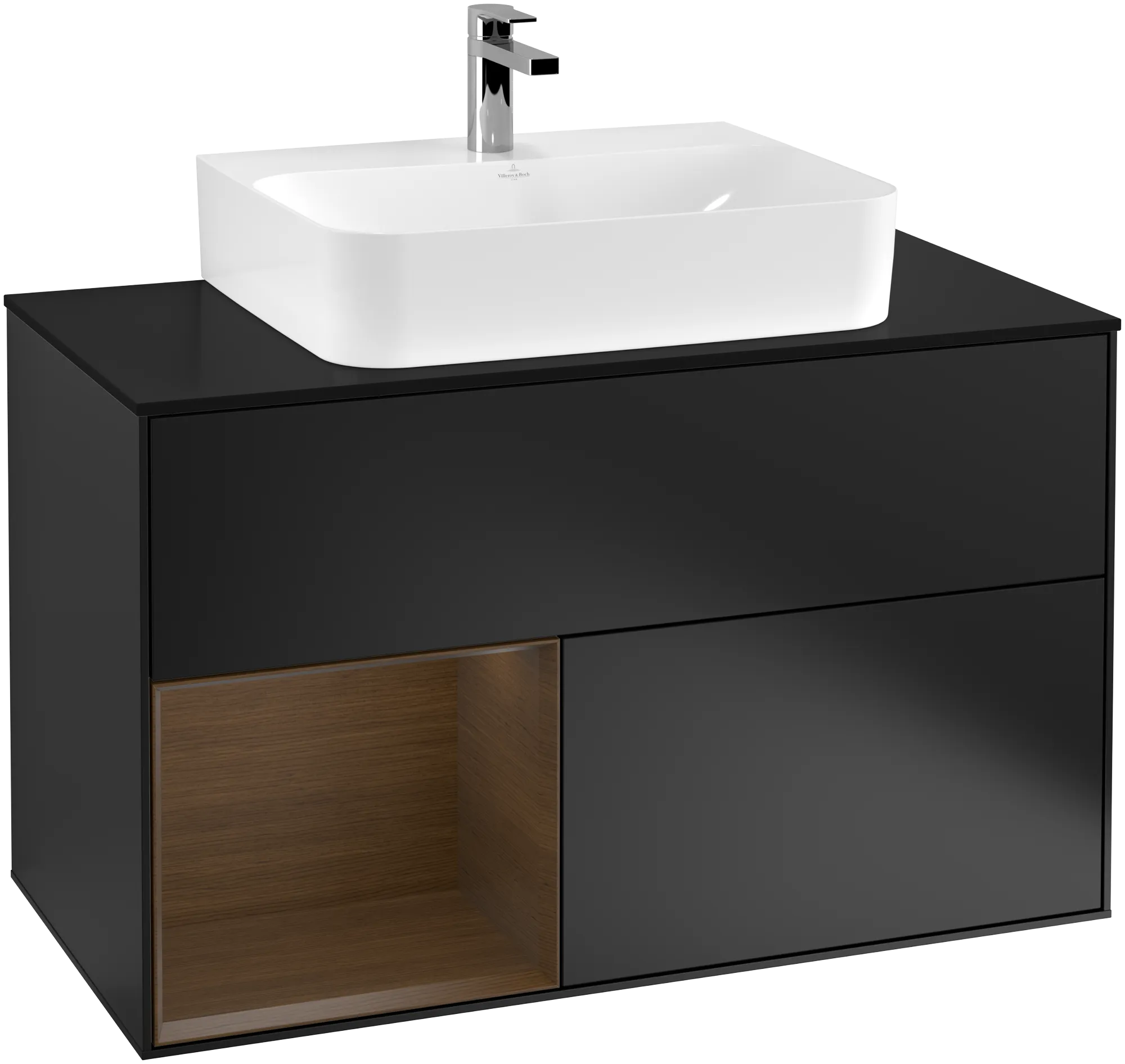 Bild von VILLEROY BOCH Finion Waschbeckenunterschrank, mit Beleuchtung, 2 Auszüge, 1000 x 603 x 501 mm, Black Matt Lacquer / Walnut Veneer / Glass Black Matt #G112GNPD