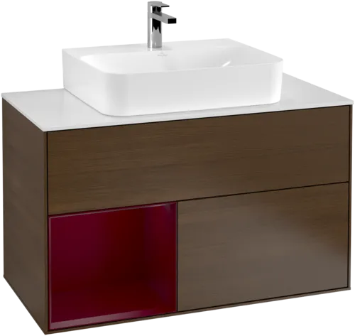 Bild von VILLEROY BOCH Finion Waschbeckenunterschrank, mit Beleuchtung, 2 Auszüge, 1000 x 603 x 501 mm, Walnut Veneer / Peony Matt Lacquer / Glass White Matt #G111HBGN