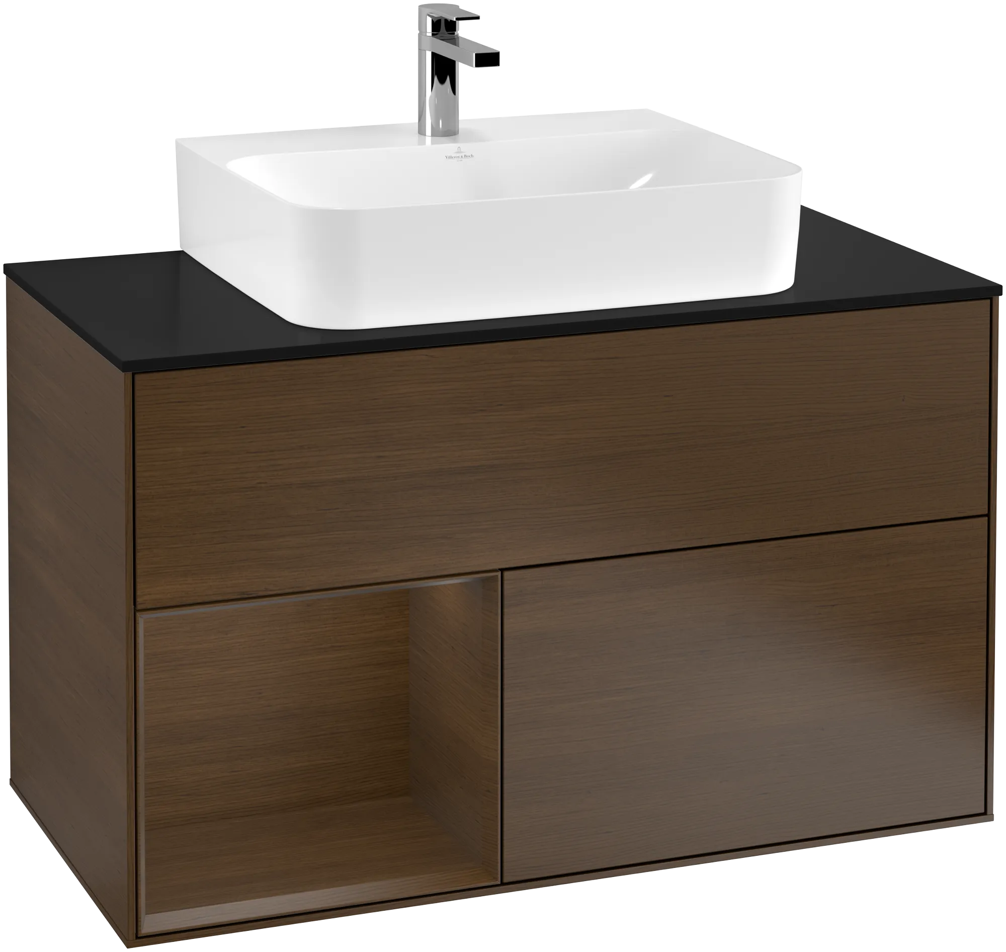 Bild von VILLEROY BOCH Finion Waschbeckenunterschrank, mit Beleuchtung, 2 Auszüge, 1000 x 603 x 501 mm, Walnut Veneer / Walnut Veneer / Glass Black Matt #G112GNGN