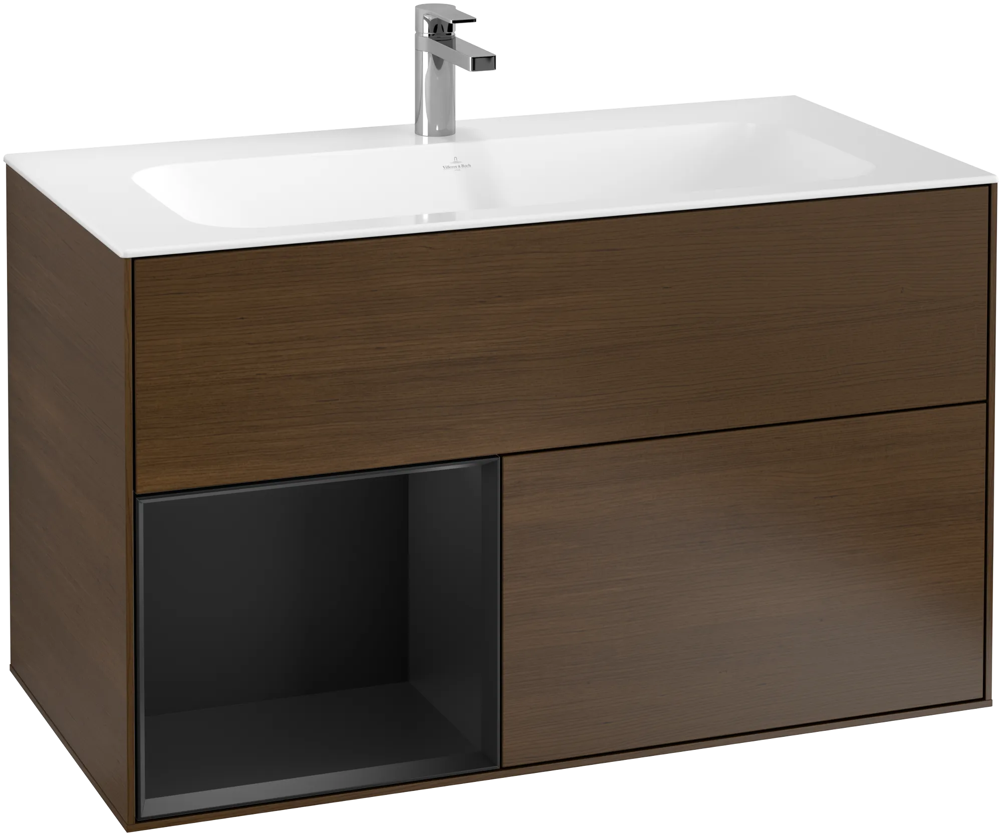 Bild von VILLEROY BOCH Finion Waschbeckenunterschrank, mit Beleuchtung, 2 Auszüge, 996 x 591 x 498 mm, Walnut Veneer / Black Matt Lacquer #G030PDGN