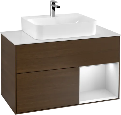 Bild von VILLEROY BOCH Finion Waschbeckenunterschrank, mit Beleuchtung, 2 Auszüge, 1000 x 603 x 501 mm, Walnut Veneer / White Matt Lacquer / Glass White Matt #G121MTGN