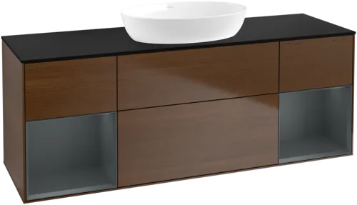 Bild von VILLEROY BOCH Finion Waschbeckenunterschrank, mit Beleuchtung, 4 Auszüge, 1600 x 603 x 501 mm, Walnut Veneer / Midnight Blue Matt Lacquer / Glass Black Matt #FD02HGGN