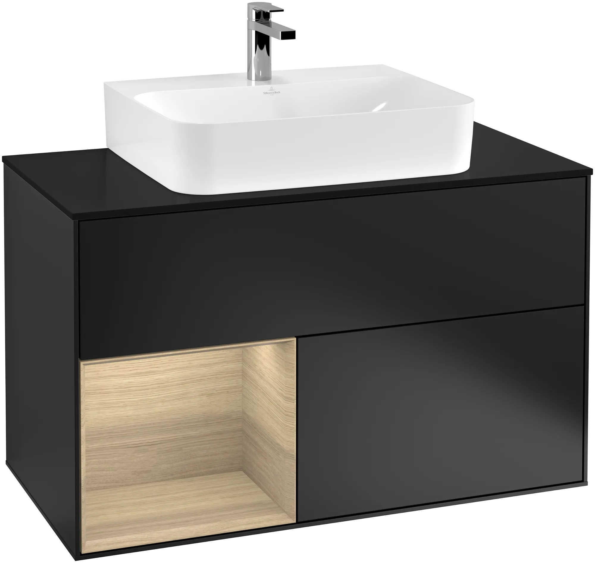 Bild von VILLEROY BOCH Finion Waschbeckenunterschrank, mit Beleuchtung, 2 Auszüge, 1000 x 603 x 501 mm, Black Matt Lacquer / Oak Veneer / Glass Black Matt #G112PCPD