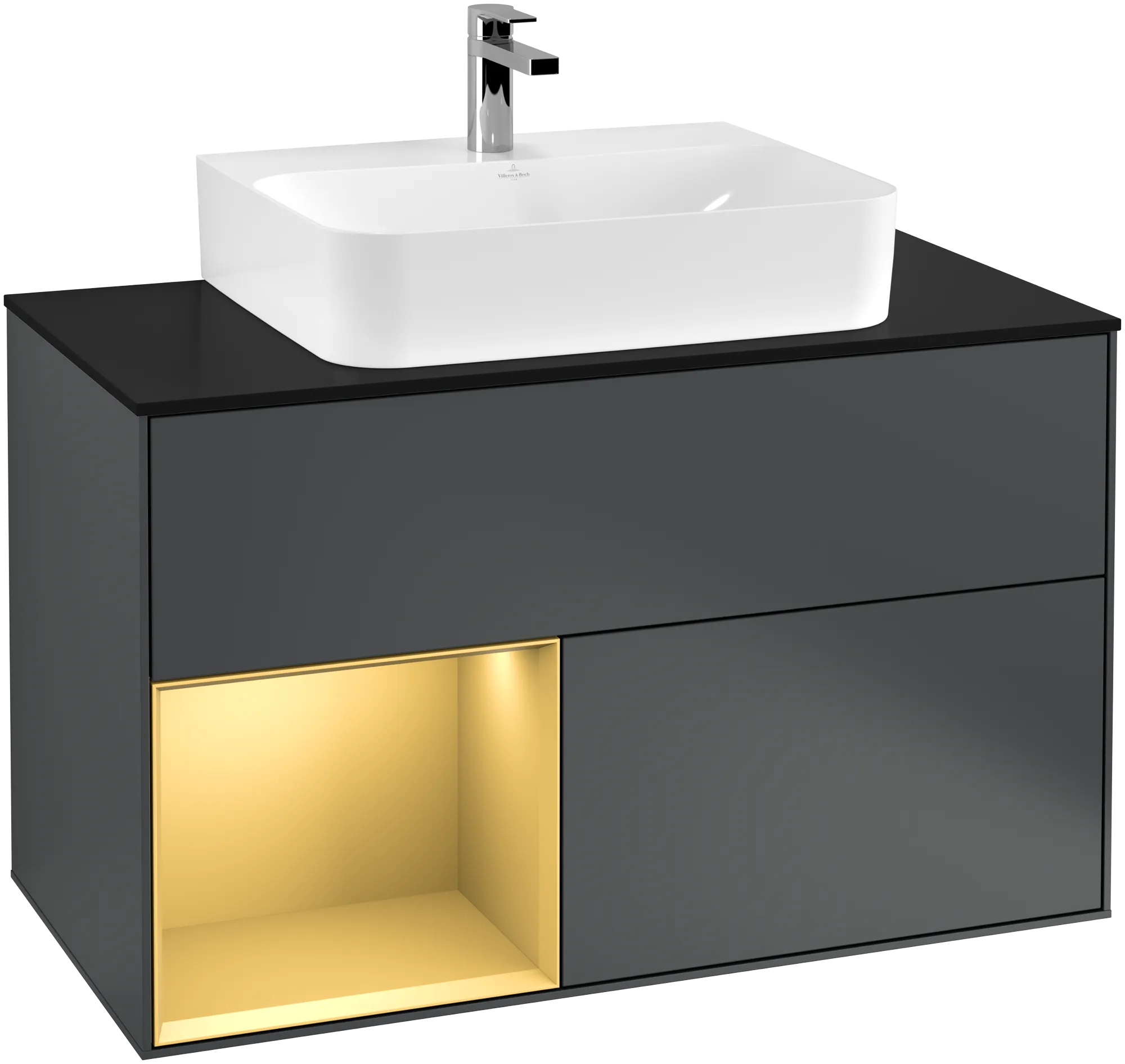 Bild von VILLEROY BOCH Finion Waschbeckenunterschrank, mit Beleuchtung, 2 Auszüge, 1000 x 603 x 501 mm, Midnight Blue Matt Lacquer / Gold Matt Lacquer / Glass Black Matt #G112HFHG