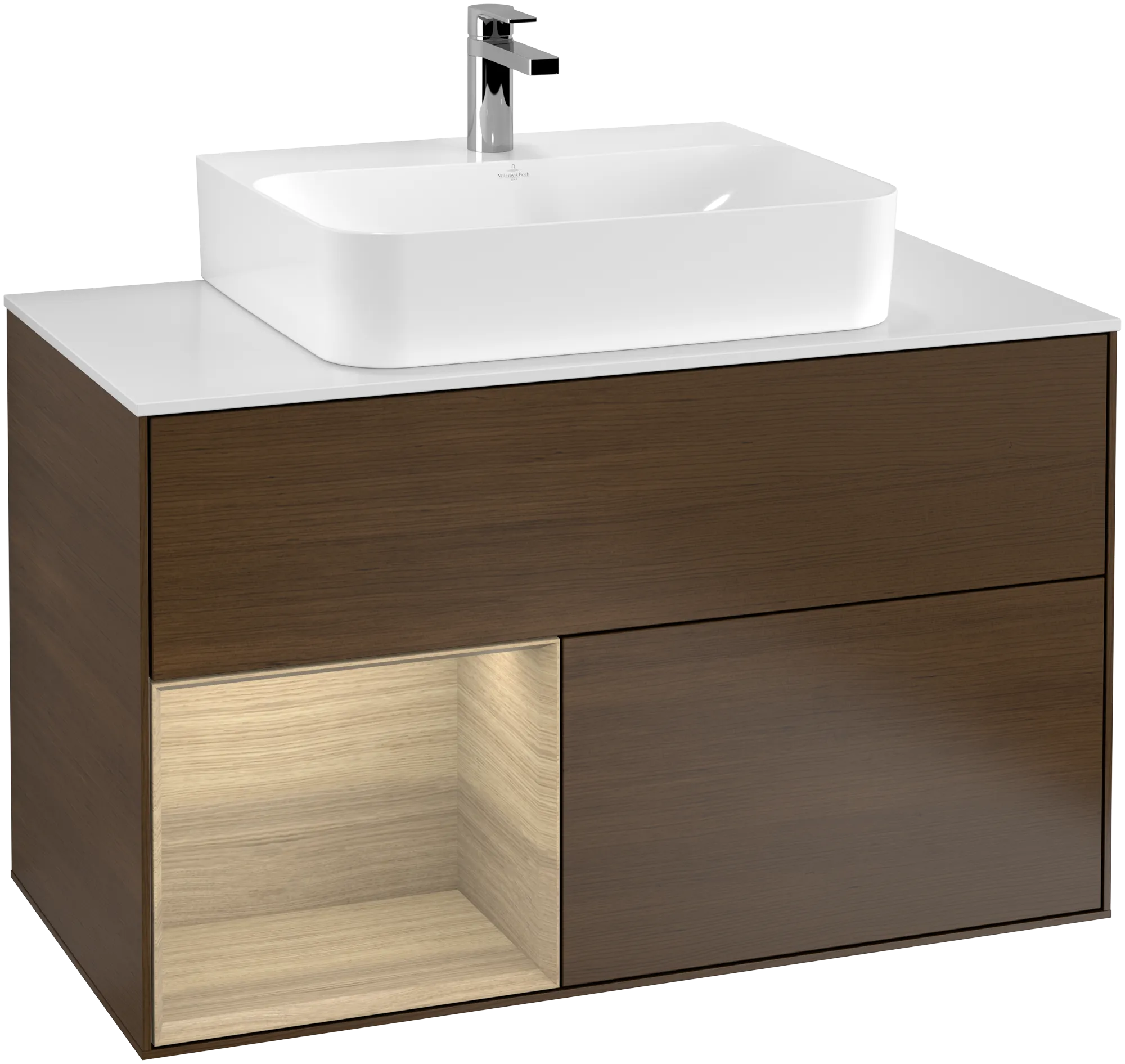 Obrázek VILLEROY BOCH Finion Vanity unit, with lighting, 2 pull-out compartments, 1000 x 603 x 501 mm, Walnut Veneer / Oak Veneer / Glass White Matt #G111PCGN