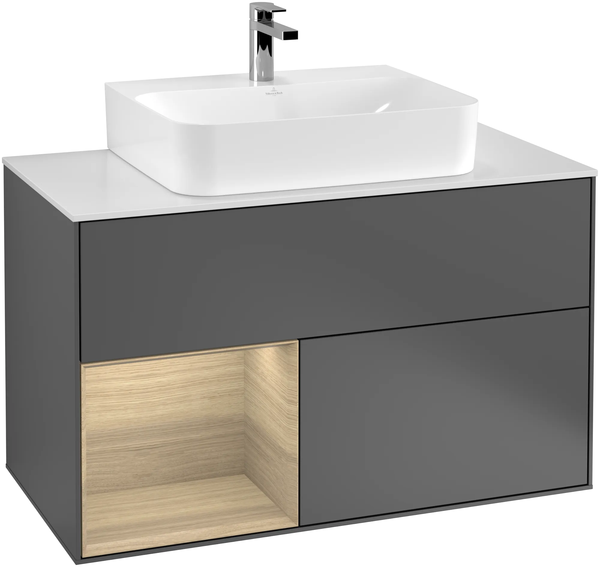 Bild von VILLEROY BOCH Finion Waschbeckenunterschrank, mit Beleuchtung, 2 Auszüge, 1000 x 603 x 501 mm, Anthracite Matt Lacquer / Oak Veneer / Glass White Matt #G111PCGK