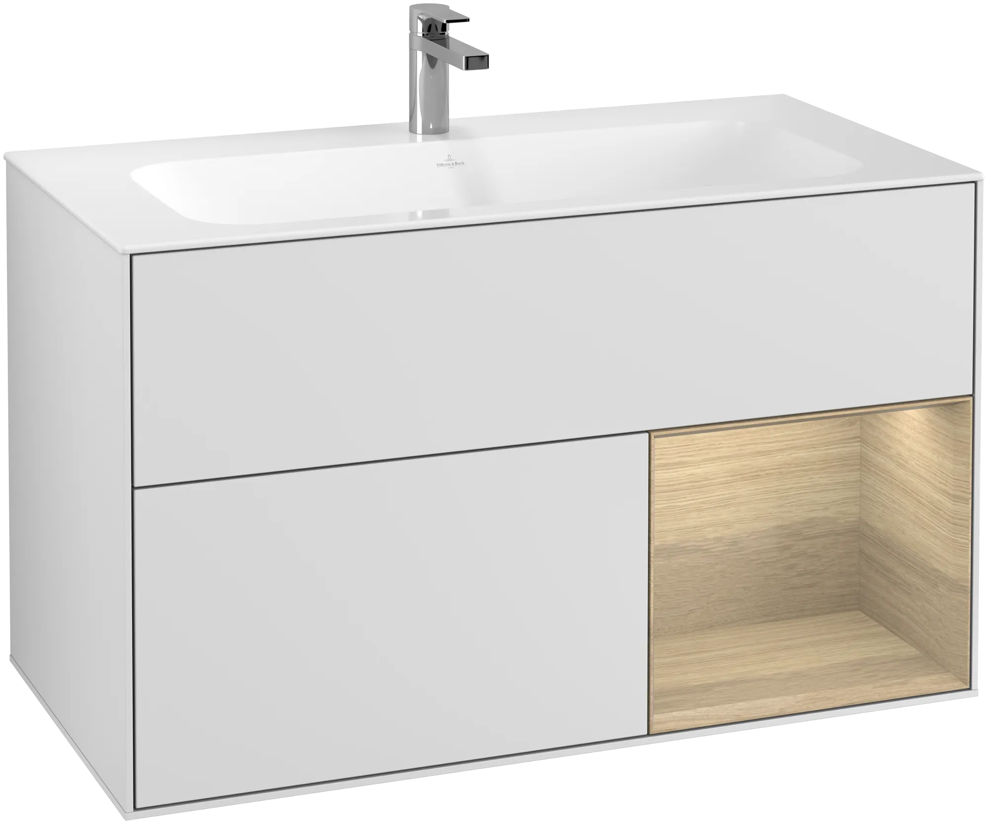 Bild von VILLEROY BOCH Finion Waschbeckenunterschrank, mit Beleuchtung, 2 Auszüge, 996 x 591 x 498 mm, White Matt Lacquer / Oak Veneer #G040PCMT