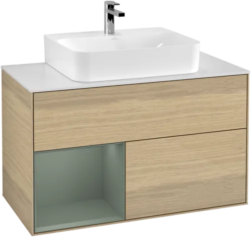 Bild von VILLEROY BOCH Finion Waschbeckenunterschrank, mit Beleuchtung, 2 Auszüge, 1000 x 603 x 501 mm, Oak Veneer / Olive Matt Lacquer / Glass White Matt #G111GMPC