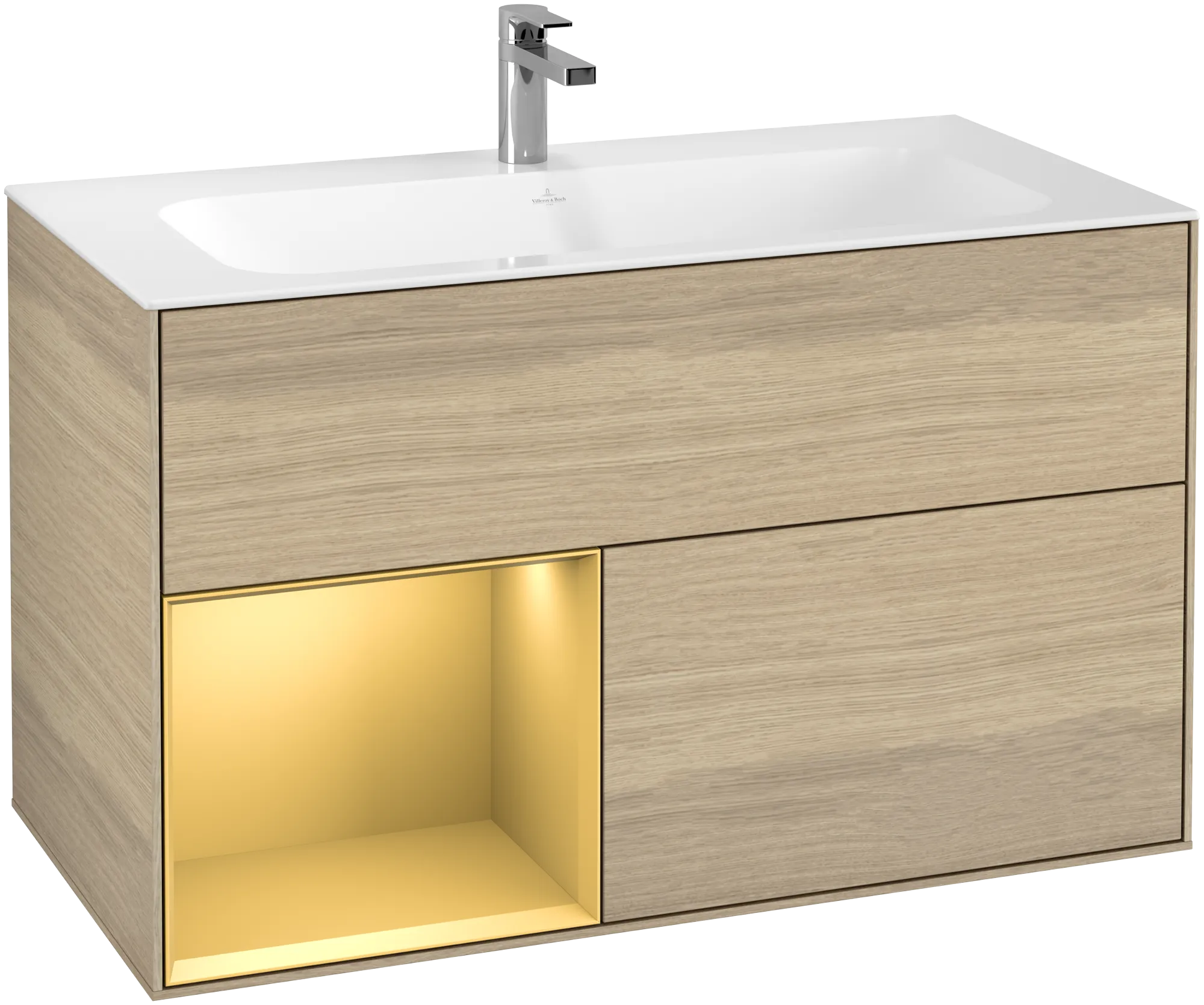 Bild von VILLEROY BOCH Finion Waschbeckenunterschrank, mit Beleuchtung, 2 Auszüge, 996 x 591 x 498 mm, Oak Veneer / Gold Matt Lacquer #G030HFPC