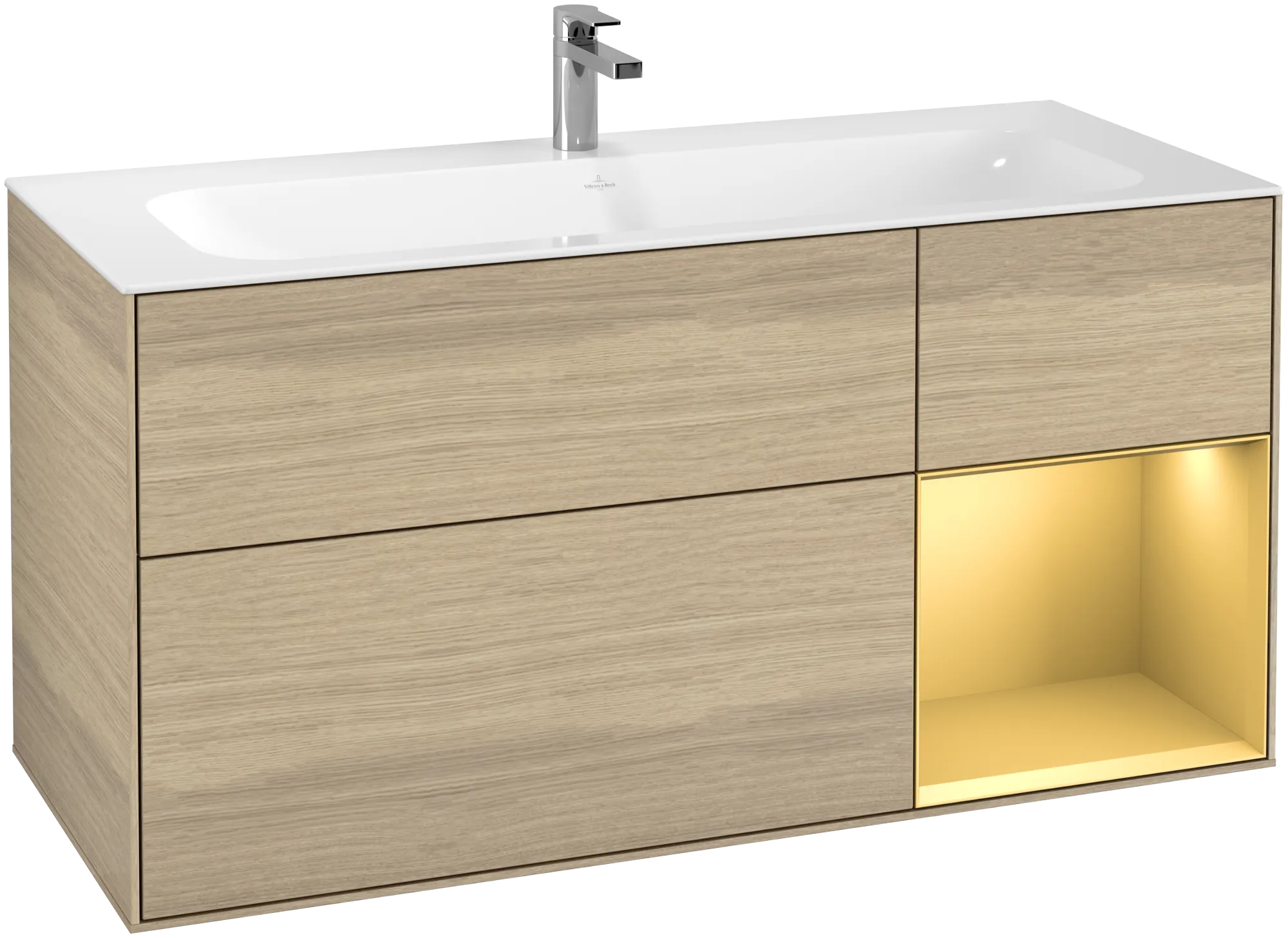 Bild von VILLEROY BOCH Finion Waschbeckenunterschrank, mit Beleuchtung, 3 Auszüge, 1196 x 591 x 498 mm, Oak Veneer / Gold Matt Lacquer #G070HFPC