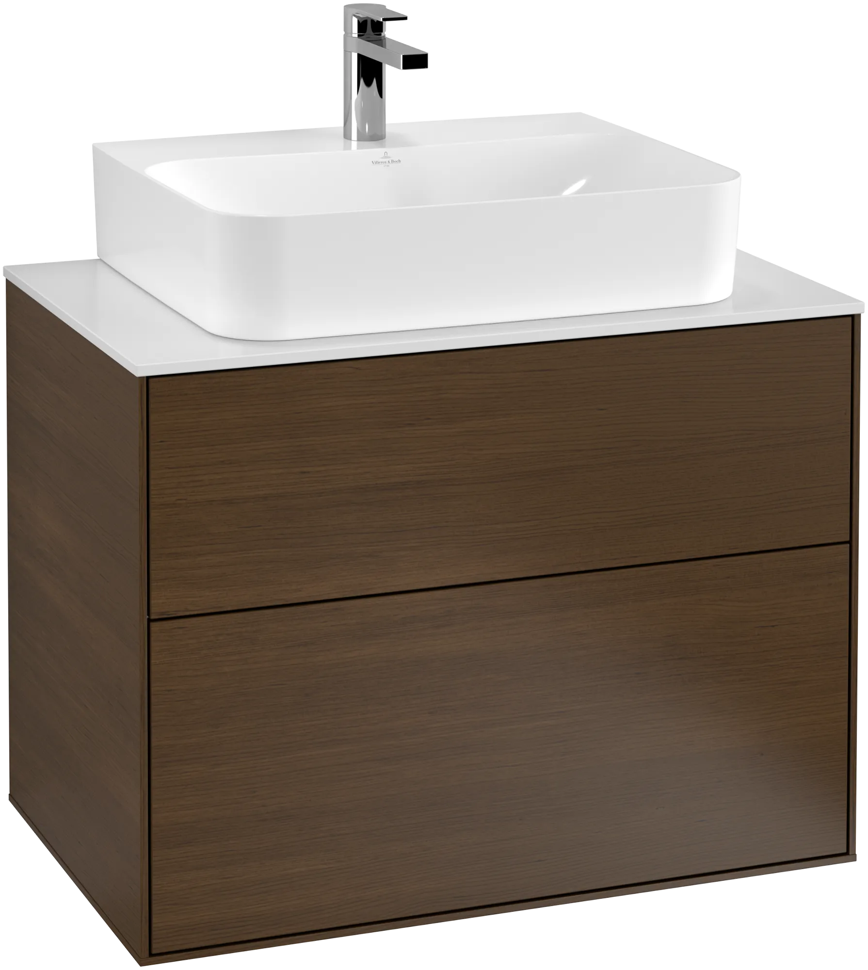 Bild von VILLEROY BOCH Finion Waschbeckenunterschrank, mit Beleuchtung, 2 Auszüge, 800 x 603 x 501 mm, Walnut Veneer / Glass White Matt #G09100GN