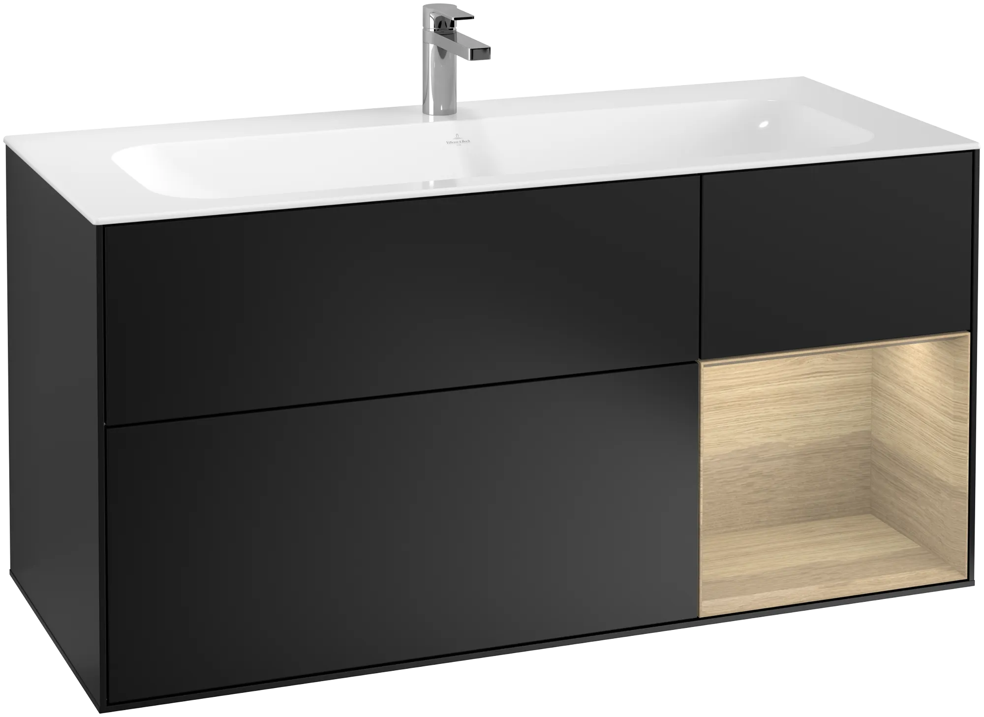 Bild von VILLEROY BOCH Finion Waschbeckenunterschrank, mit Beleuchtung, 3 Auszüge, 1196 x 591 x 498 mm, Black Matt Lacquer / Oak Veneer #G070PCPD