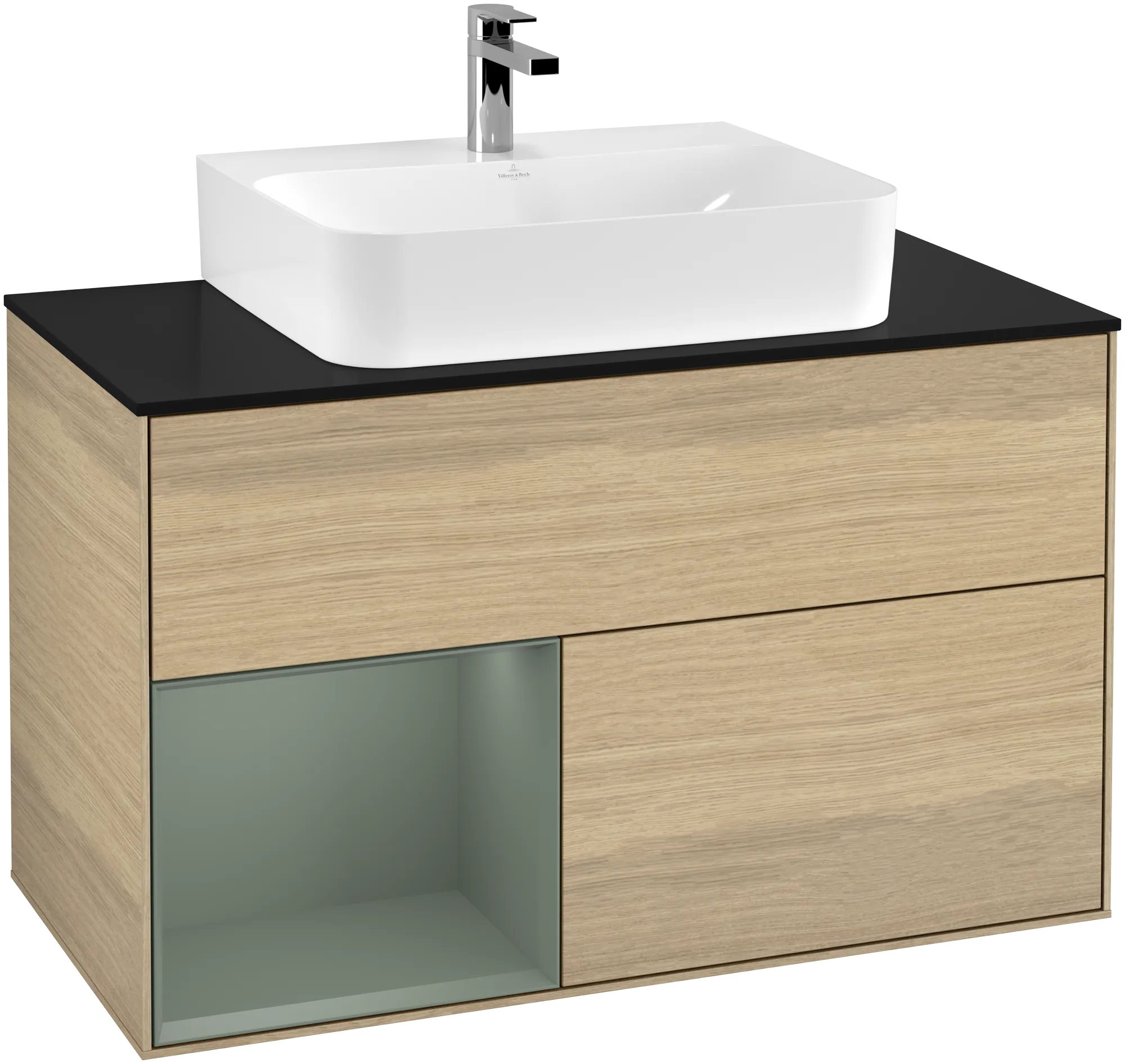 Bild von VILLEROY BOCH Finion Waschbeckenunterschrank, mit Beleuchtung, 2 Auszüge, 1000 x 603 x 501 mm, Oak Veneer / Olive Matt Lacquer / Glass Black Matt #G112GMPC