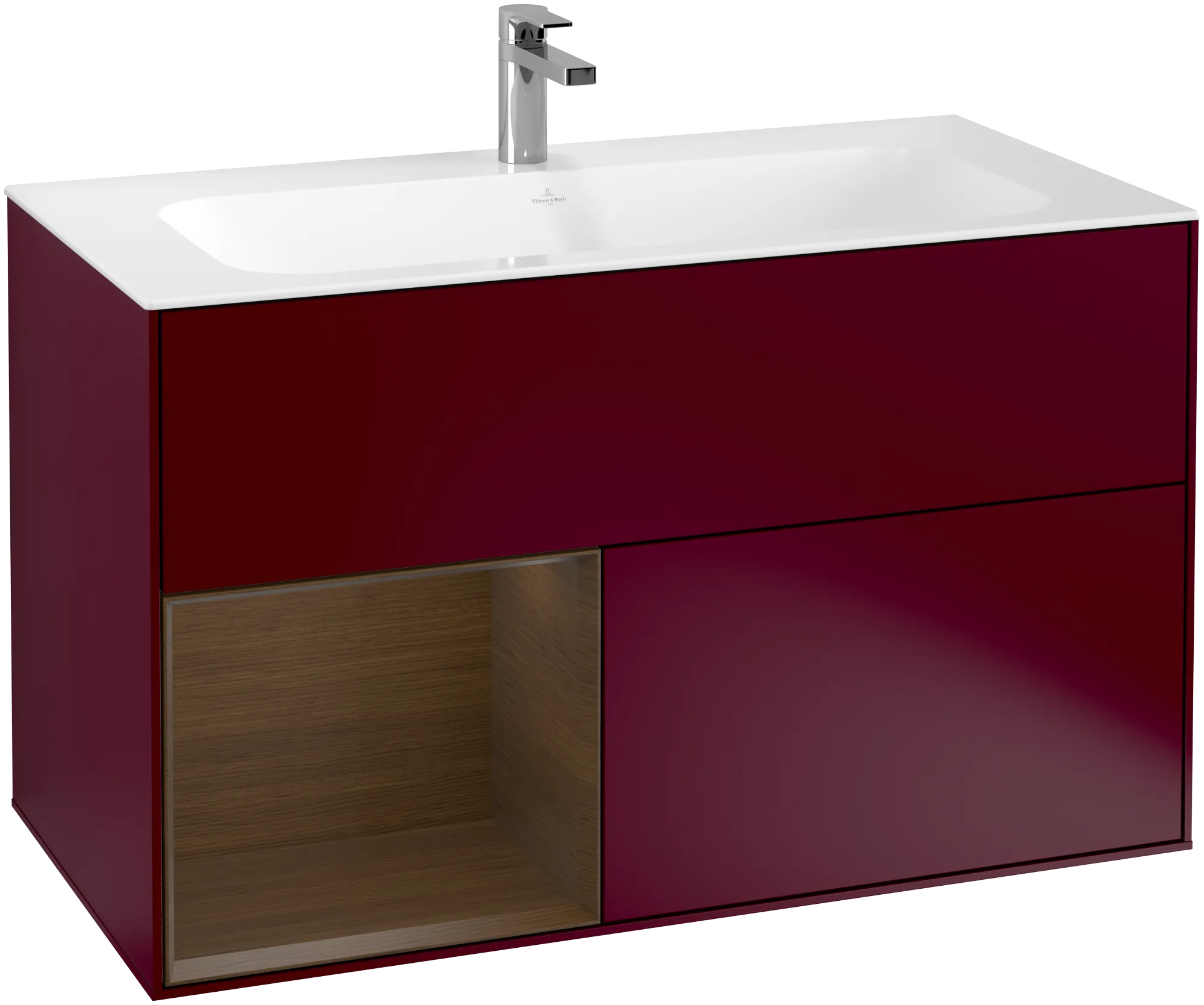 Obrázek VILLEROY BOCH Finion Vanity unit, with lighting, 2 pull-out compartments, 996 x 591 x 498 mm, Peony Matt Lacquer / Walnut Veneer #G030GNHB