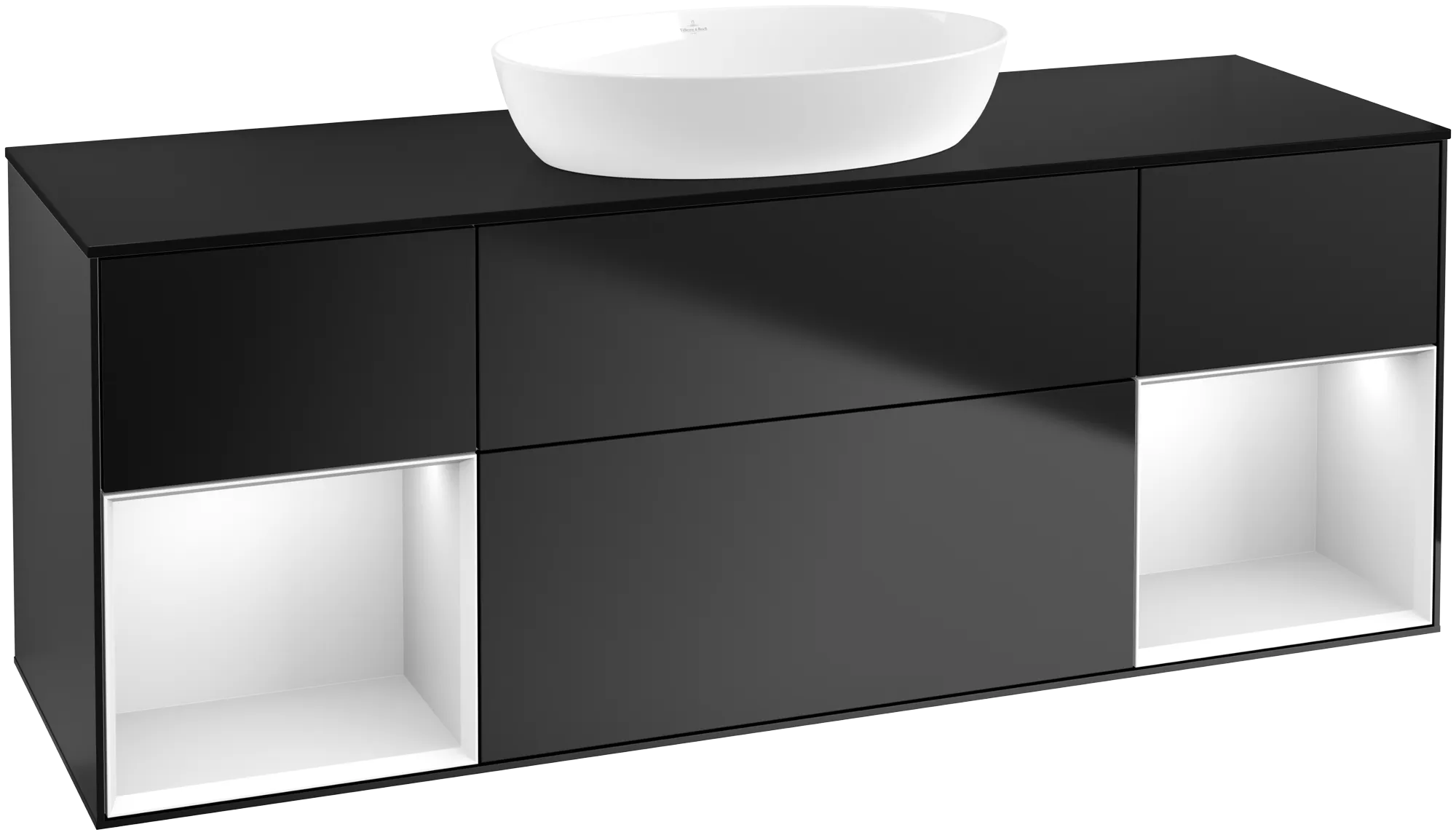 Bild von VILLEROY BOCH Finion Waschbeckenunterschrank, mit Beleuchtung, 4 Auszüge, 1600 x 603 x 501 mm, Black Matt Lacquer / White Matt Lacquer / Glass Black Matt #FD02MTPD