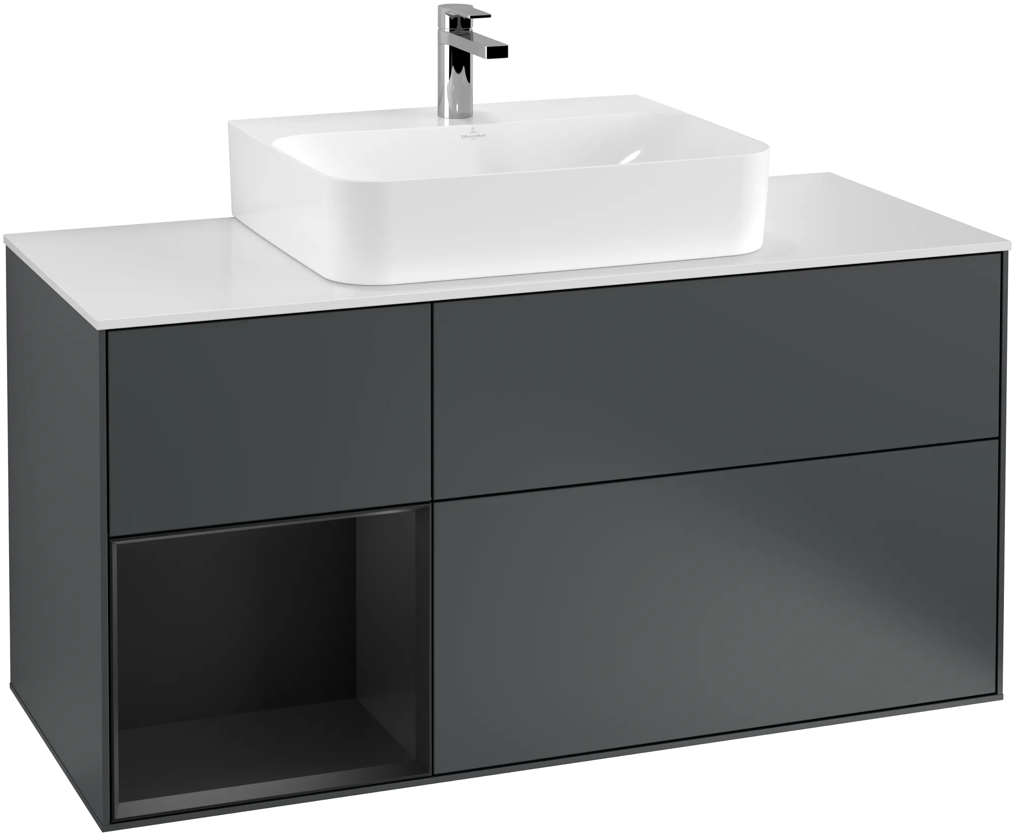 Bild von VILLEROY BOCH Finion Waschbeckenunterschrank, mit Beleuchtung, 3 Auszüge, 1200 x 603 x 501 mm, Midnight Blue Matt Lacquer / Black Matt Lacquer / Glass White Matt #G161PDHG