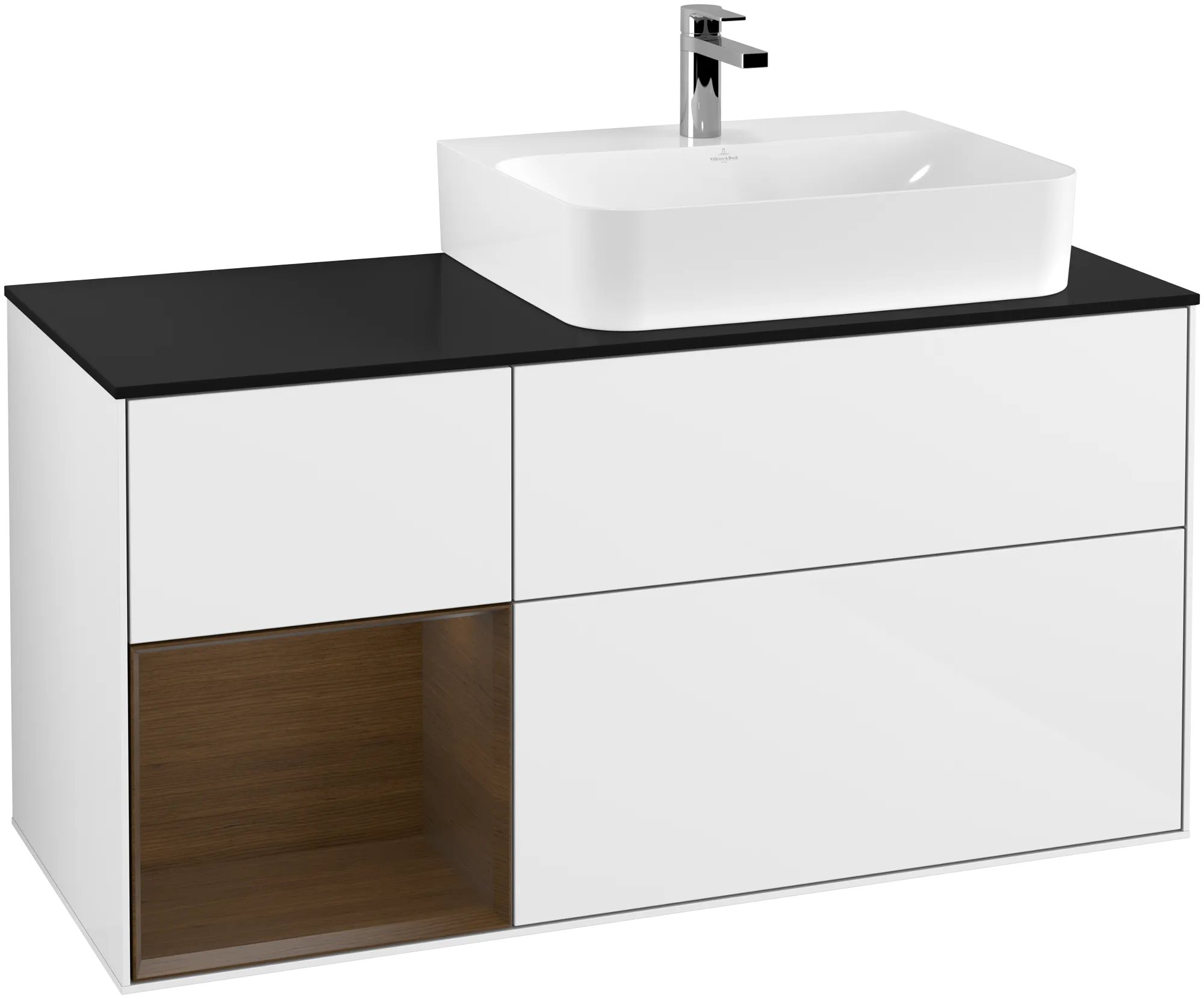 Picture of VILLEROY BOCH Finion Vanity unit, with lighting, 3 pull-out compartments, 1200 x 603 x 501 mm, Glossy White Lacquer / Walnut Veneer / Glass Black Matt #G142GNGF