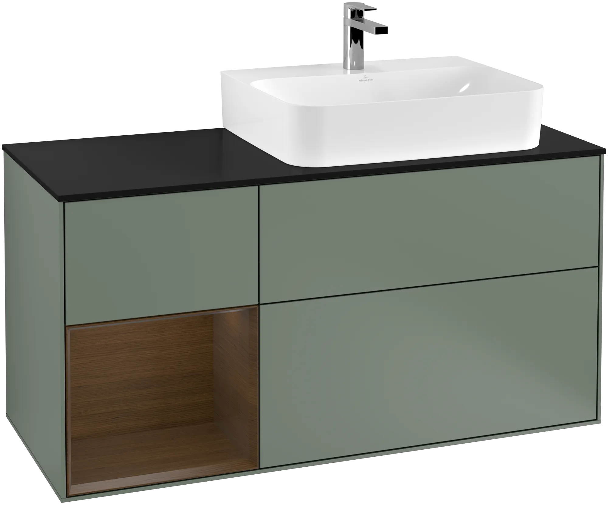 Bild von VILLEROY BOCH Finion Waschbeckenunterschrank, mit Beleuchtung, 3 Auszüge, 1200 x 603 x 501 mm, Olive Matt Lacquer / Walnut Veneer / Glass Black Matt #G142GNGM