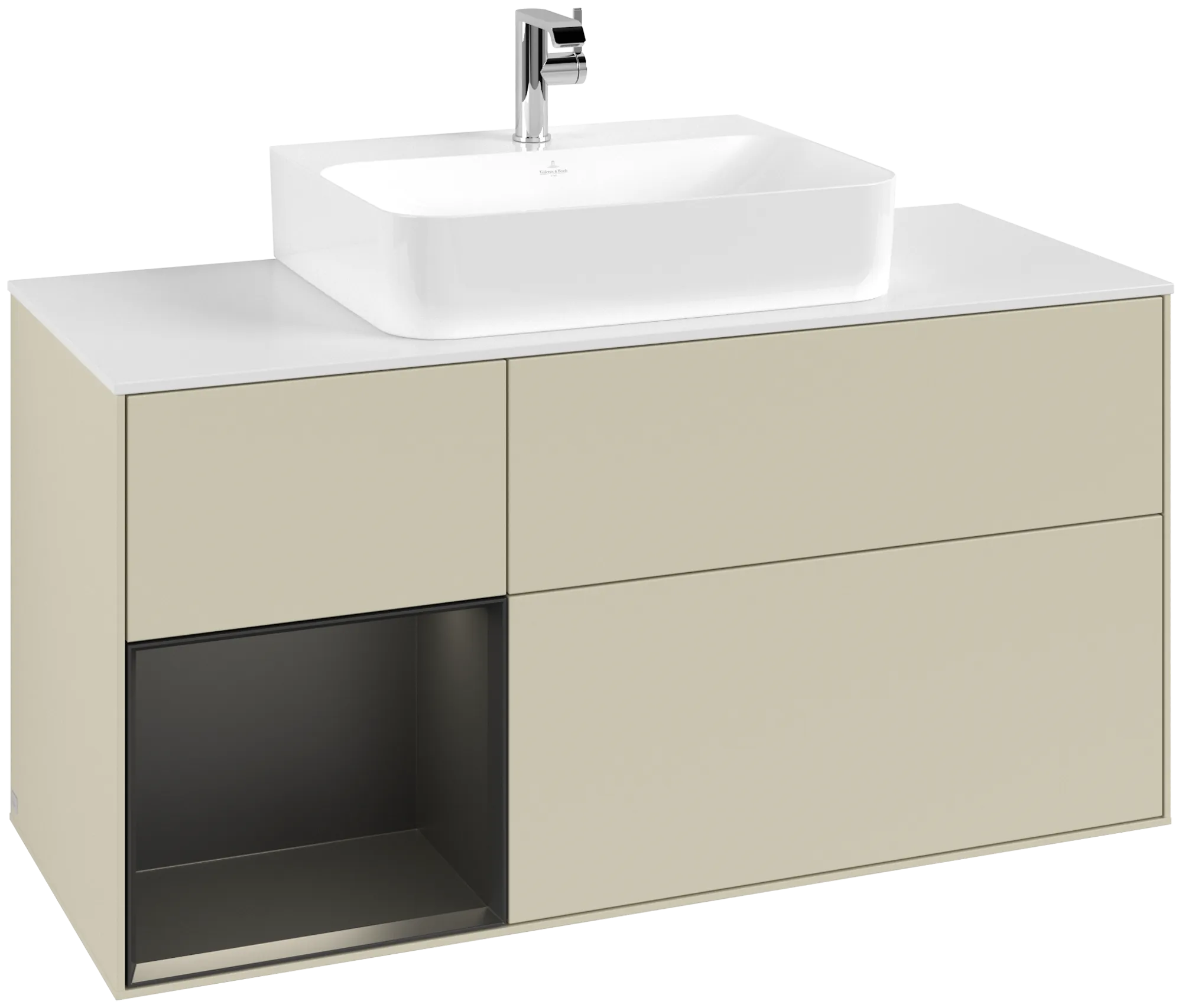 Bild von VILLEROY BOCH Finion Waschbeckenunterschrank, mit Beleuchtung, 3 Auszüge, 1200 x 603 x 501 mm, Silk Grey Matt Lacquer / Black Matt Lacquer / Glass White Matt #G161PDHJ