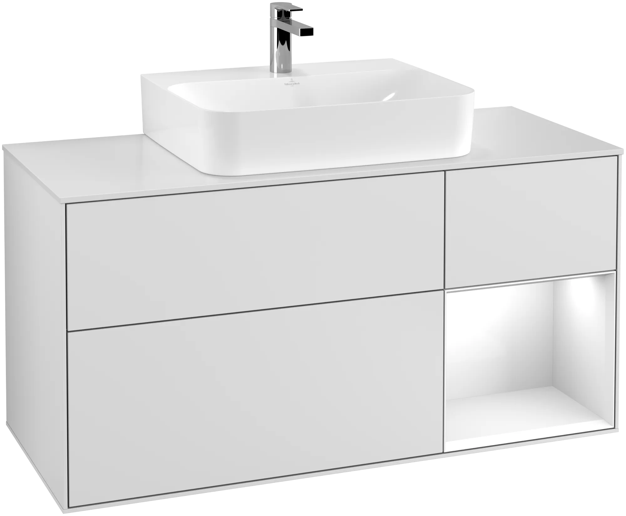 Bild von VILLEROY BOCH Finion Waschbeckenunterschrank, mit Beleuchtung, 3 Auszüge, 1200 x 603 x 501 mm, White Matt Lacquer / Glossy White Lacquer / Glass White Matt #G171GFMT