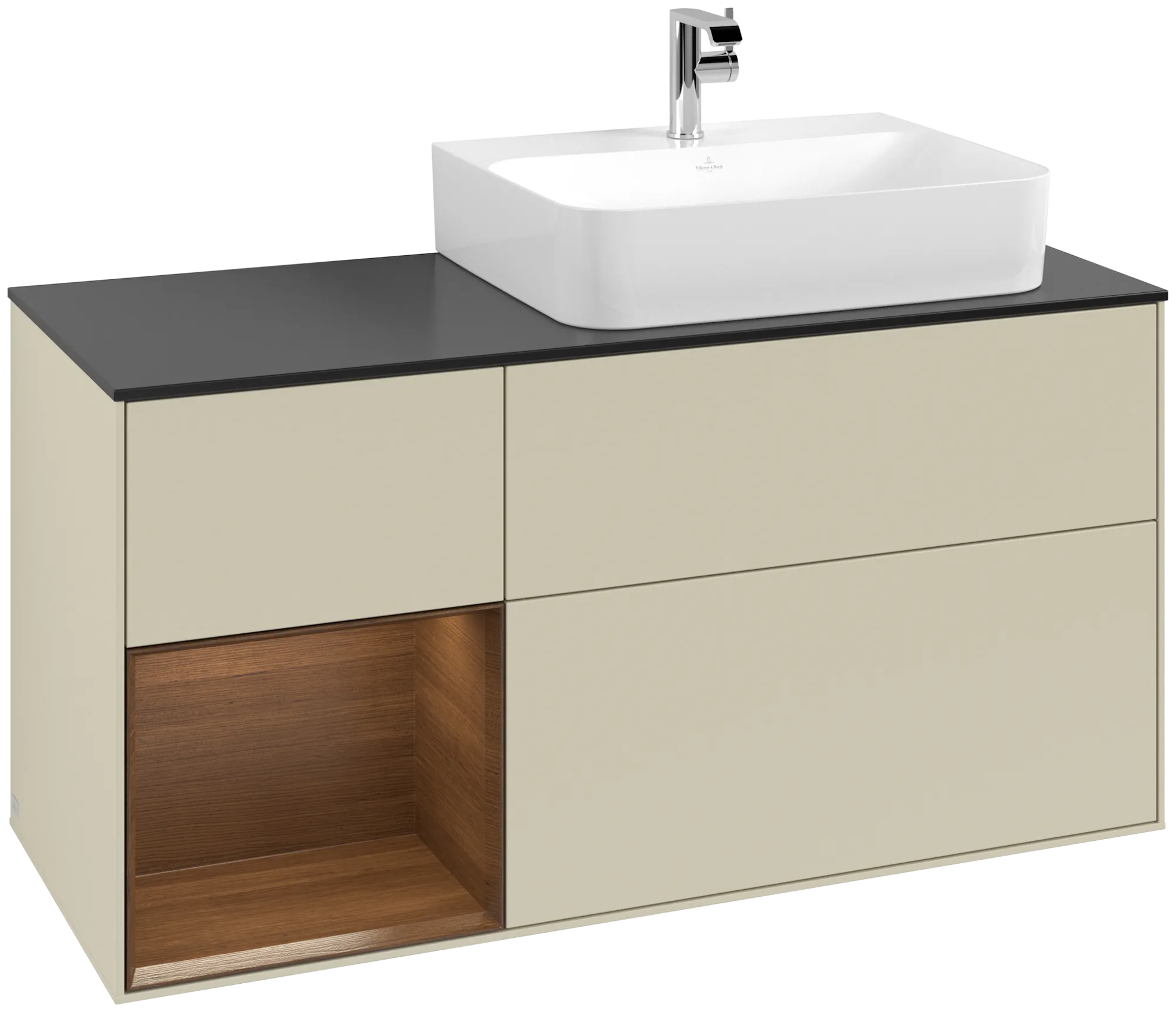 Bild von VILLEROY BOCH Finion Waschbeckenunterschrank, mit Beleuchtung, 3 Auszüge, 1200 x 603 x 501 mm, Silk Grey Matt Lacquer / Walnut Veneer / Glass Black Matt #G142GNHJ