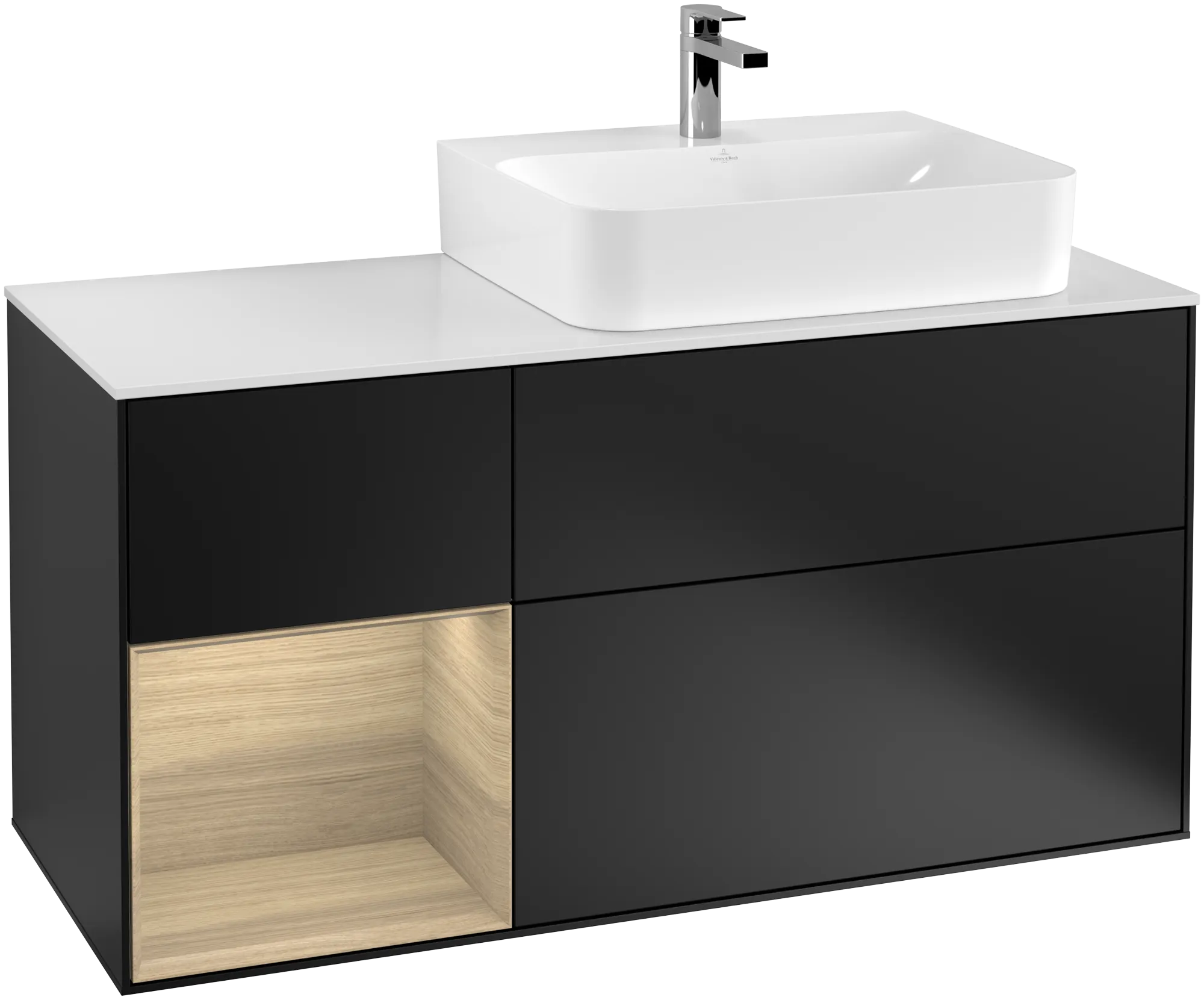 Bild von VILLEROY BOCH Finion Waschbeckenunterschrank, mit Beleuchtung, 3 Auszüge, 1200 x 603 x 501 mm, Black Matt Lacquer / Oak Veneer / Glass White Matt #G141PCPD