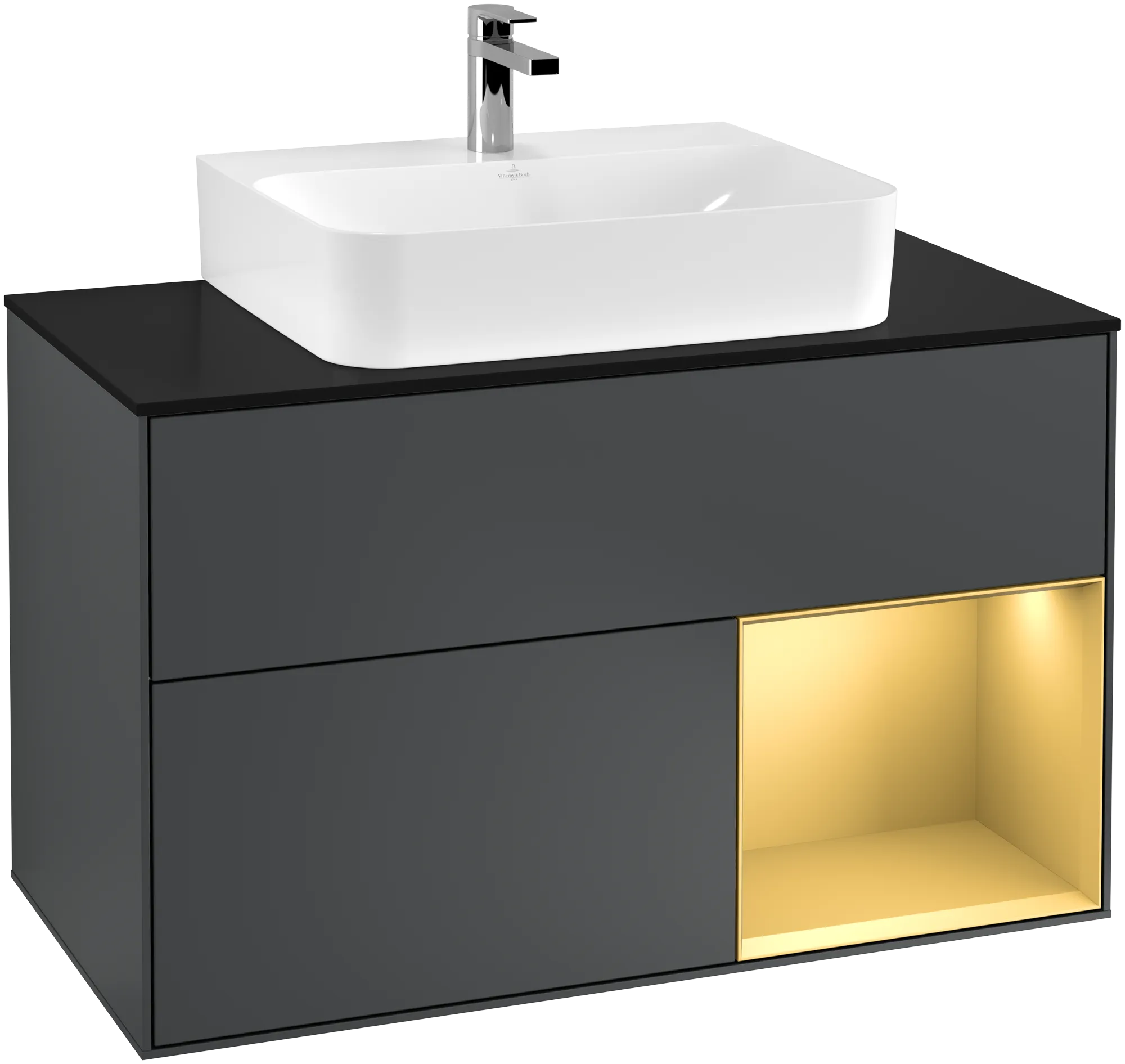 Obrázek VILLEROY BOCH Finion Vanity unit, with lighting, 2 pull-out compartments, 1000 x 603 x 501 mm, Midnight Blue Matt Lacquer / Gold Matt Lacquer / Glass Black Matt #G122HFHG