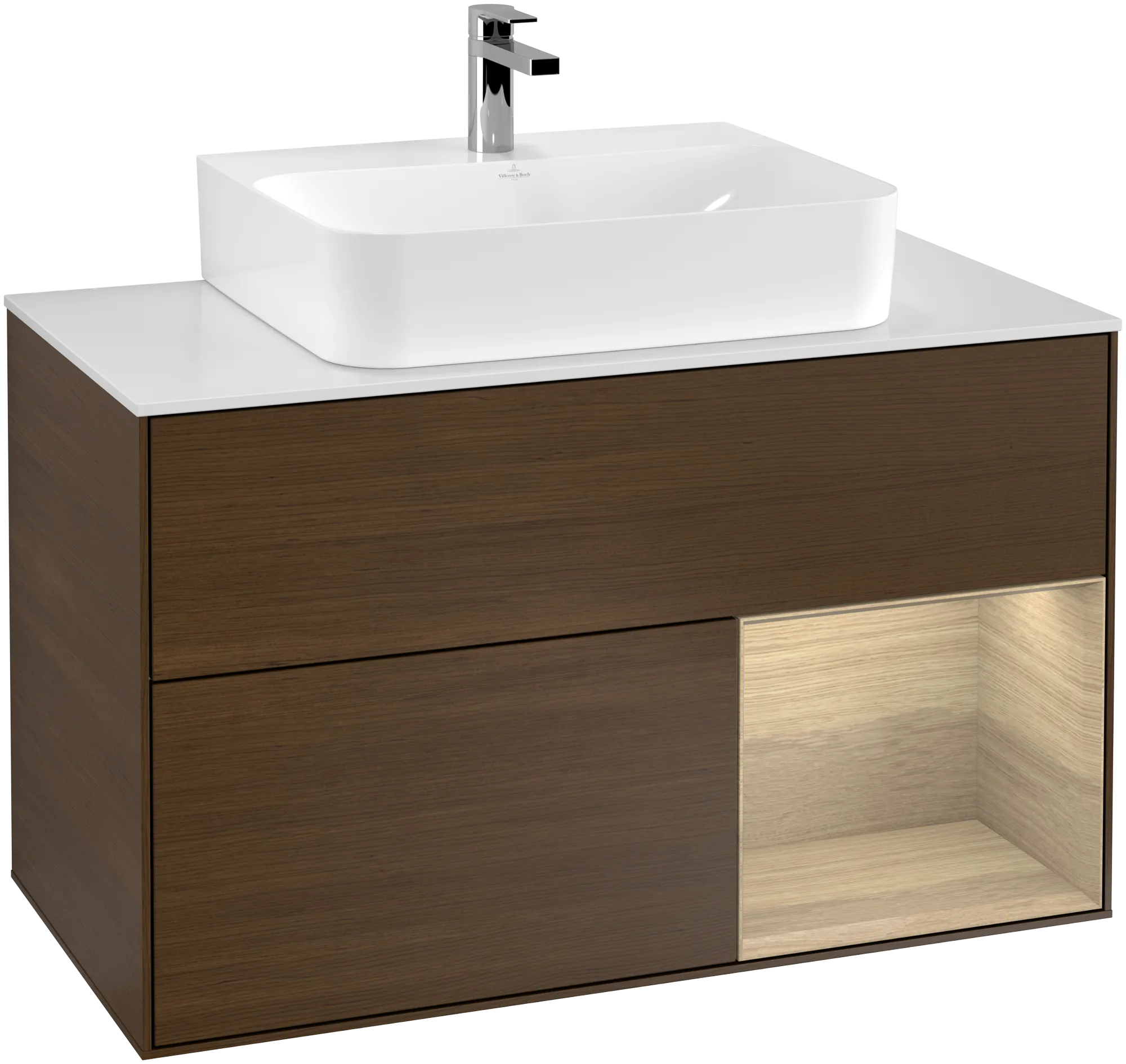 Bild von VILLEROY BOCH Finion Waschbeckenunterschrank, mit Beleuchtung, 2 Auszüge, 1000 x 603 x 501 mm, Walnut Veneer / Oak Veneer / Glass White Matt #G121PCGN