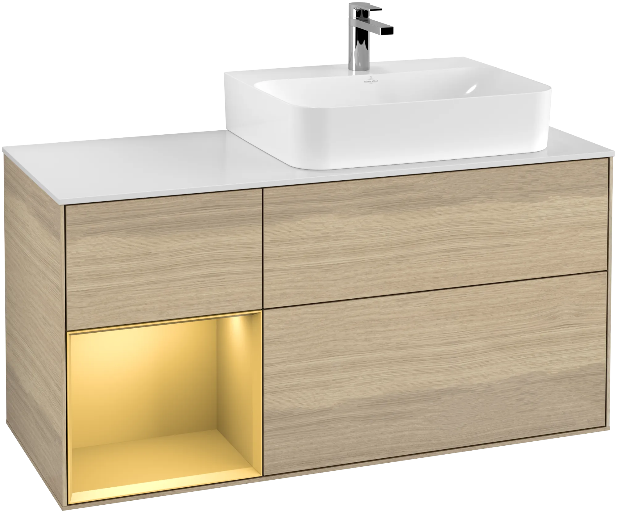 Bild von VILLEROY BOCH Finion Waschbeckenunterschrank, mit Beleuchtung, 3 Auszüge, 1200 x 603 x 501 mm, Oak Veneer / Gold Matt Lacquer / Glass White Matt #G141HFPC