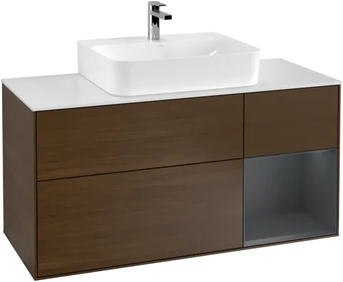 Bild von VILLEROY BOCH Finion Waschbeckenunterschrank, mit Beleuchtung, 3 Auszüge, 1200 x 603 x 501 mm, Walnut Veneer / Midnight Blue Matt Lacquer / Glass White Matt #G171HGGN