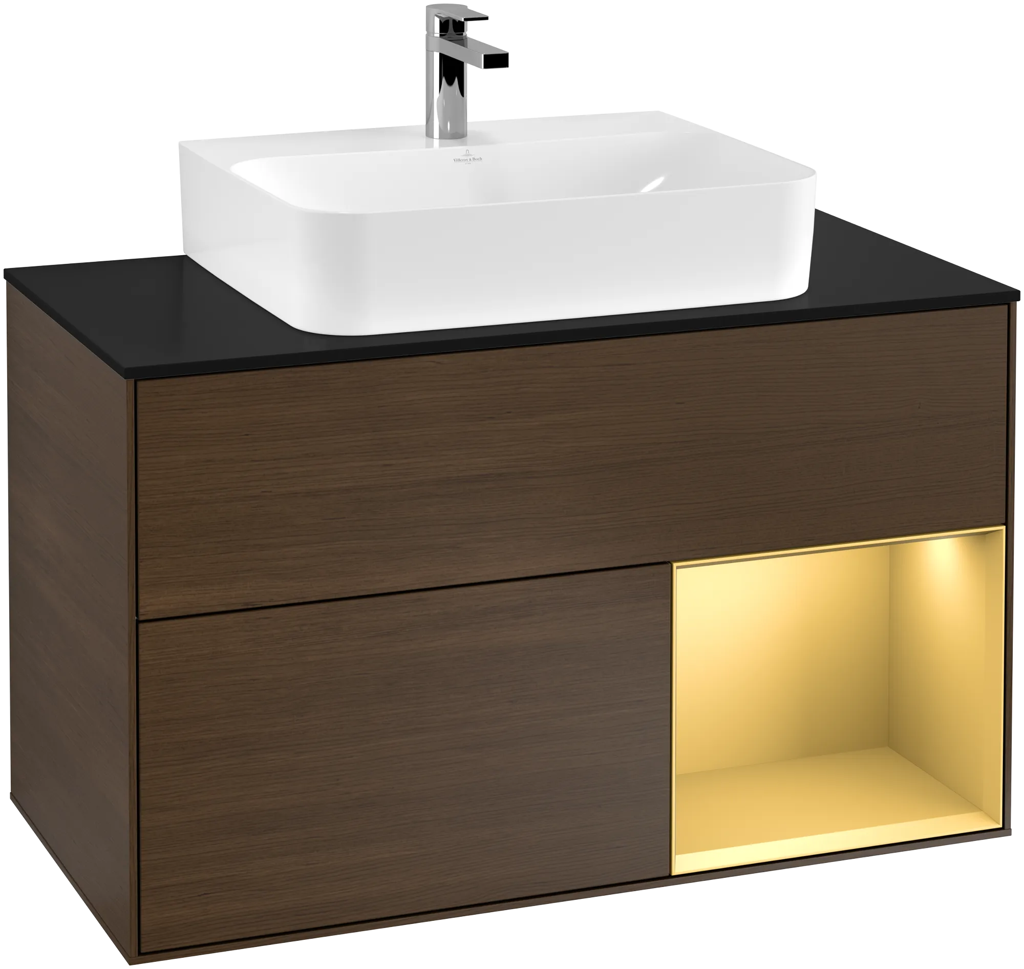 Bild von VILLEROY BOCH Finion Waschbeckenunterschrank, mit Beleuchtung, 2 Auszüge, 1000 x 603 x 501 mm, Walnut Veneer / Gold Matt Lacquer / Glass Black Matt #G122HFGN
