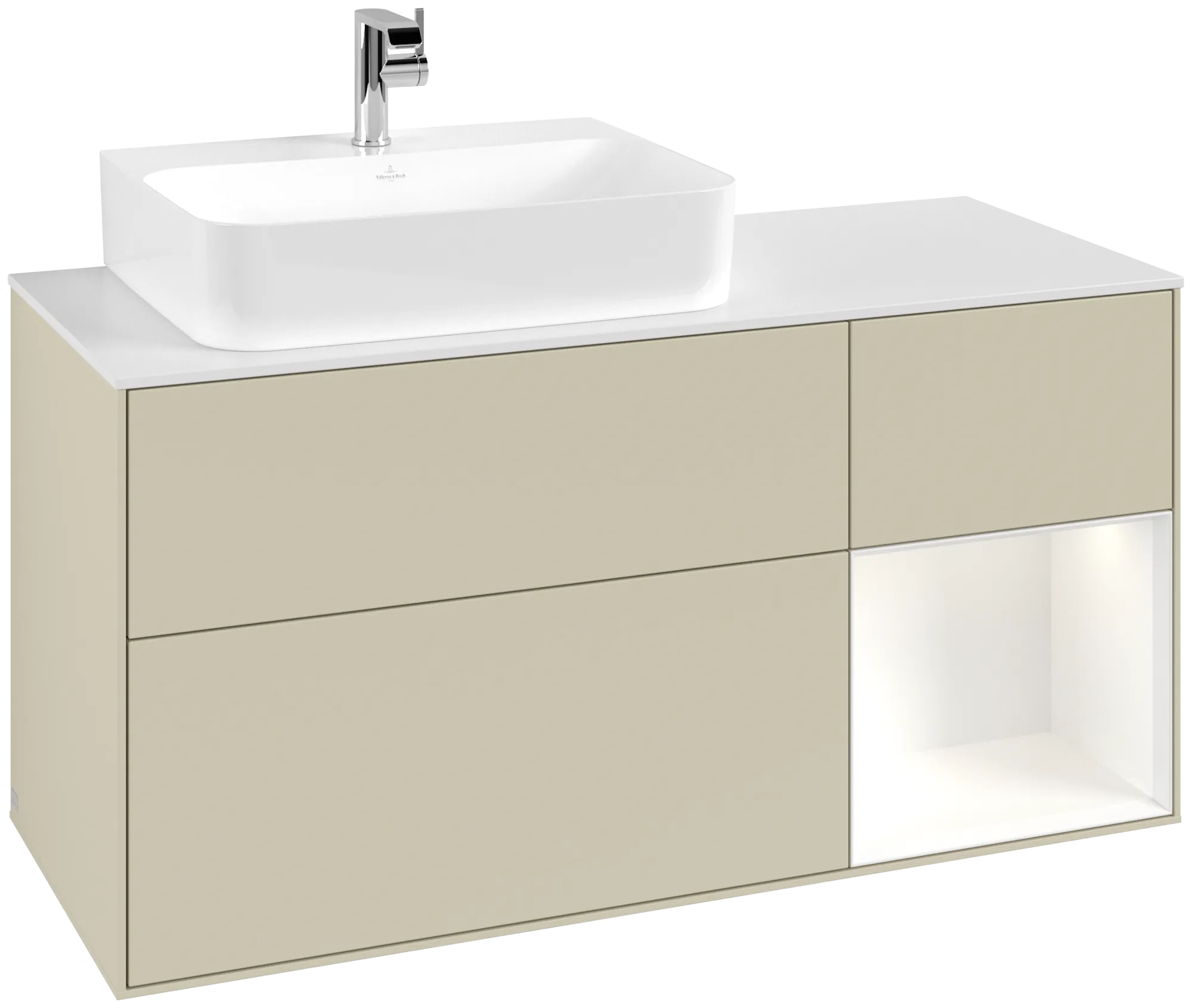 Bild von VILLEROY BOCH Finion Waschbeckenunterschrank, mit Beleuchtung, 3 Auszüge, 1200 x 603 x 501 mm, Silk Grey Matt Lacquer / White Matt Lacquer / Glass White Matt #G151MTHJ