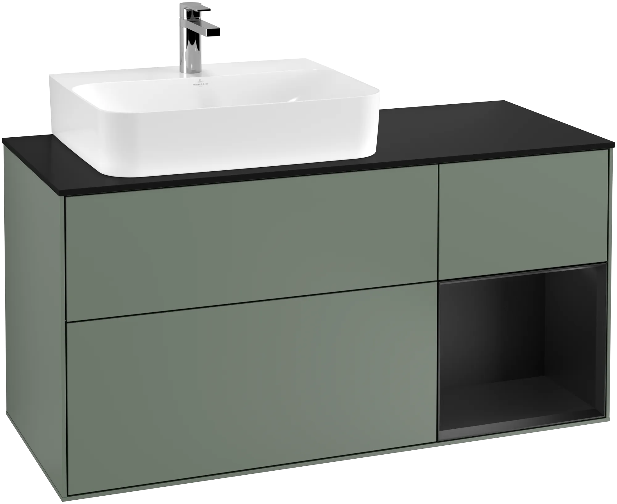 Bild von VILLEROY BOCH Finion Waschbeckenunterschrank, mit Beleuchtung, 3 Auszüge, 1200 x 603 x 501 mm, Olive Matt Lacquer / Black Matt Lacquer / Glass Black Matt #G152PDGM