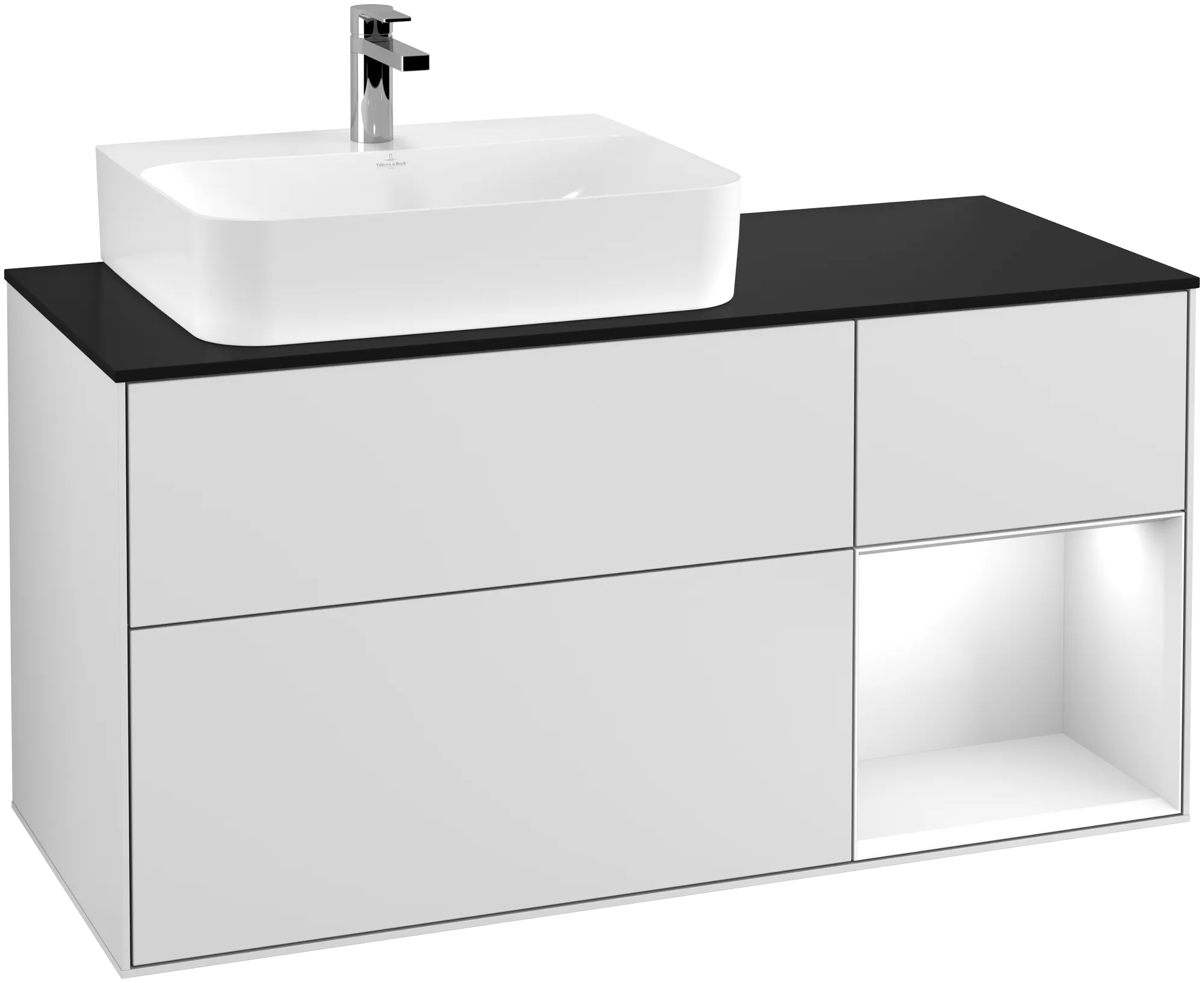 Bild von VILLEROY BOCH Finion Waschbeckenunterschrank, mit Beleuchtung, 3 Auszüge, 1200 x 603 x 501 mm, White Matt Lacquer / Glossy White Lacquer / Glass Black Matt #G152GFMT