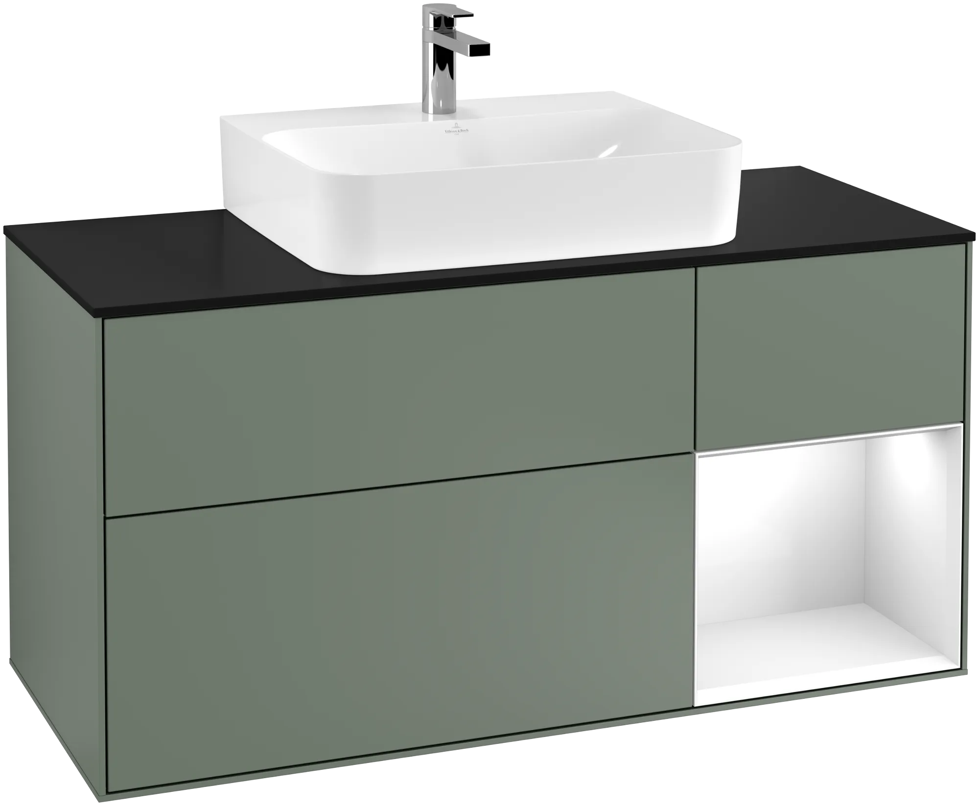 Bild von VILLEROY BOCH Finion Waschbeckenunterschrank, mit Beleuchtung, 3 Auszüge, 1200 x 603 x 501 mm, Olive Matt Lacquer / Glossy White Lacquer / Glass Black Matt #G172GFGM