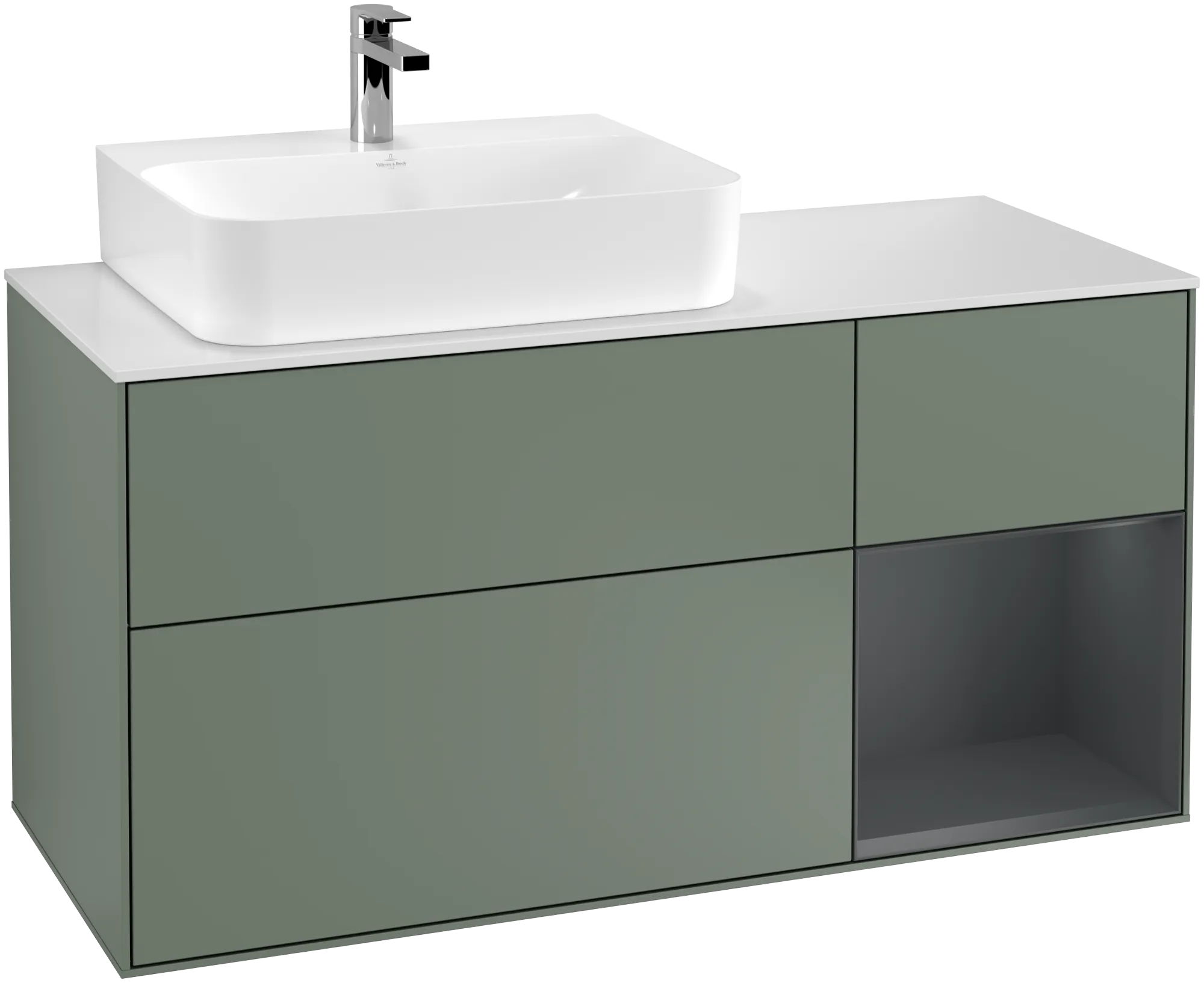 Bild von VILLEROY BOCH Finion Waschbeckenunterschrank, mit Beleuchtung, 3 Auszüge, 1200 x 603 x 501 mm, Olive Matt Lacquer / Midnight Blue Matt Lacquer / Glass White Matt #G151HGGM