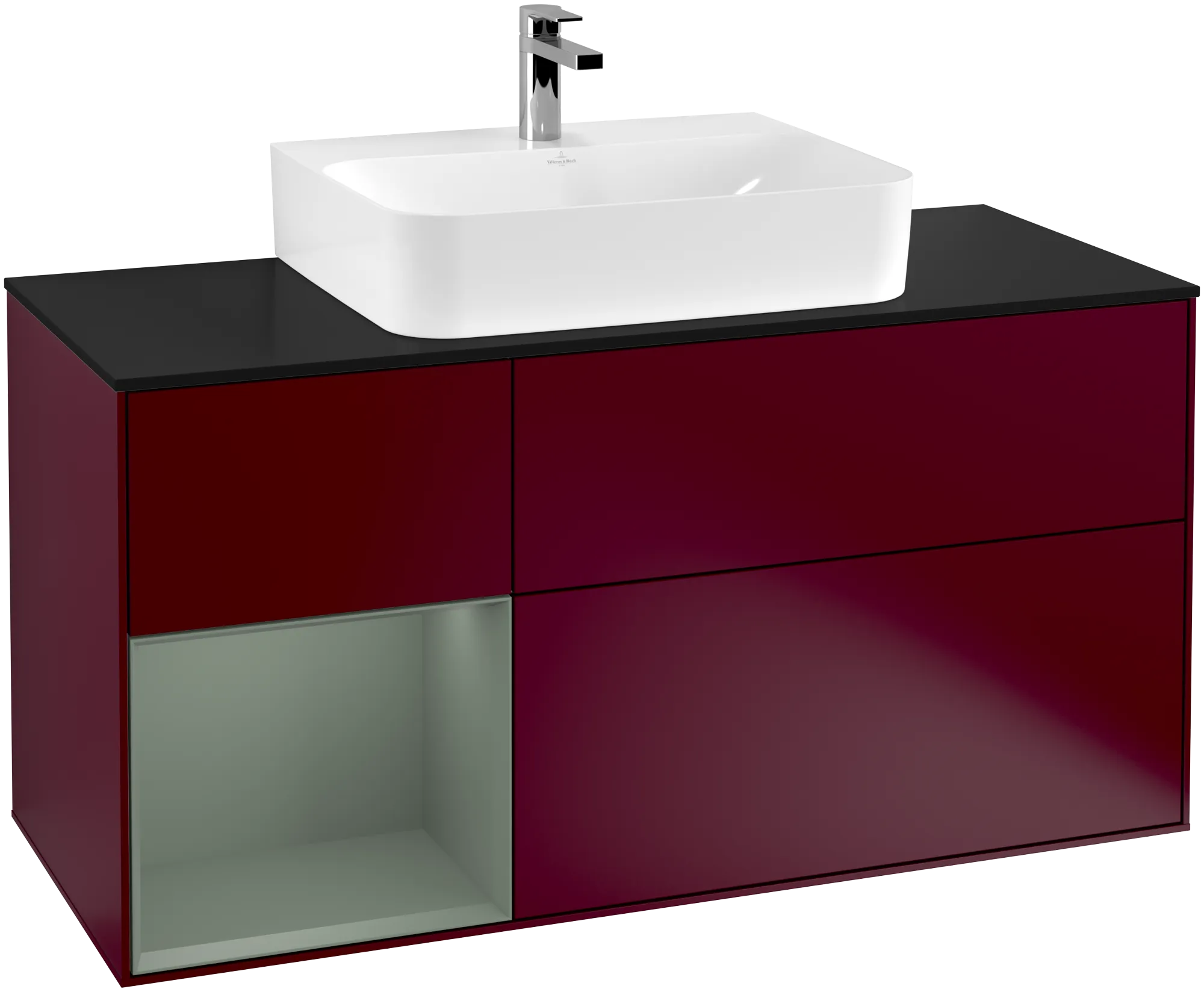 Obrázek VILLEROY BOCH Finion Vanity unit, with lighting, 3 pull-out compartments, 1200 x 603 x 501 mm, Peony Matt Lacquer / Olive Matt Lacquer / Glass Black Matt #G162GMHB