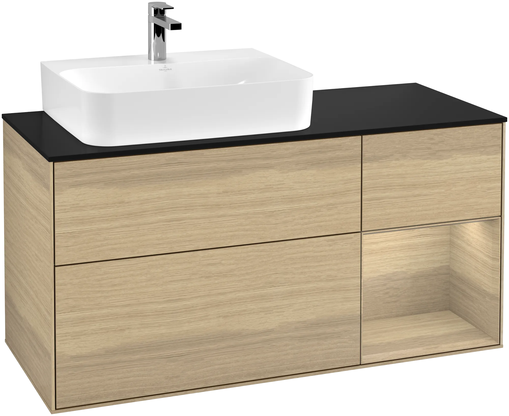 Bild von VILLEROY BOCH Finion Waschbeckenunterschrank, mit Beleuchtung, 3 Auszüge, 1200 x 603 x 501 mm, Oak Veneer / Oak Veneer / Glass Black Matt #G152PCPC