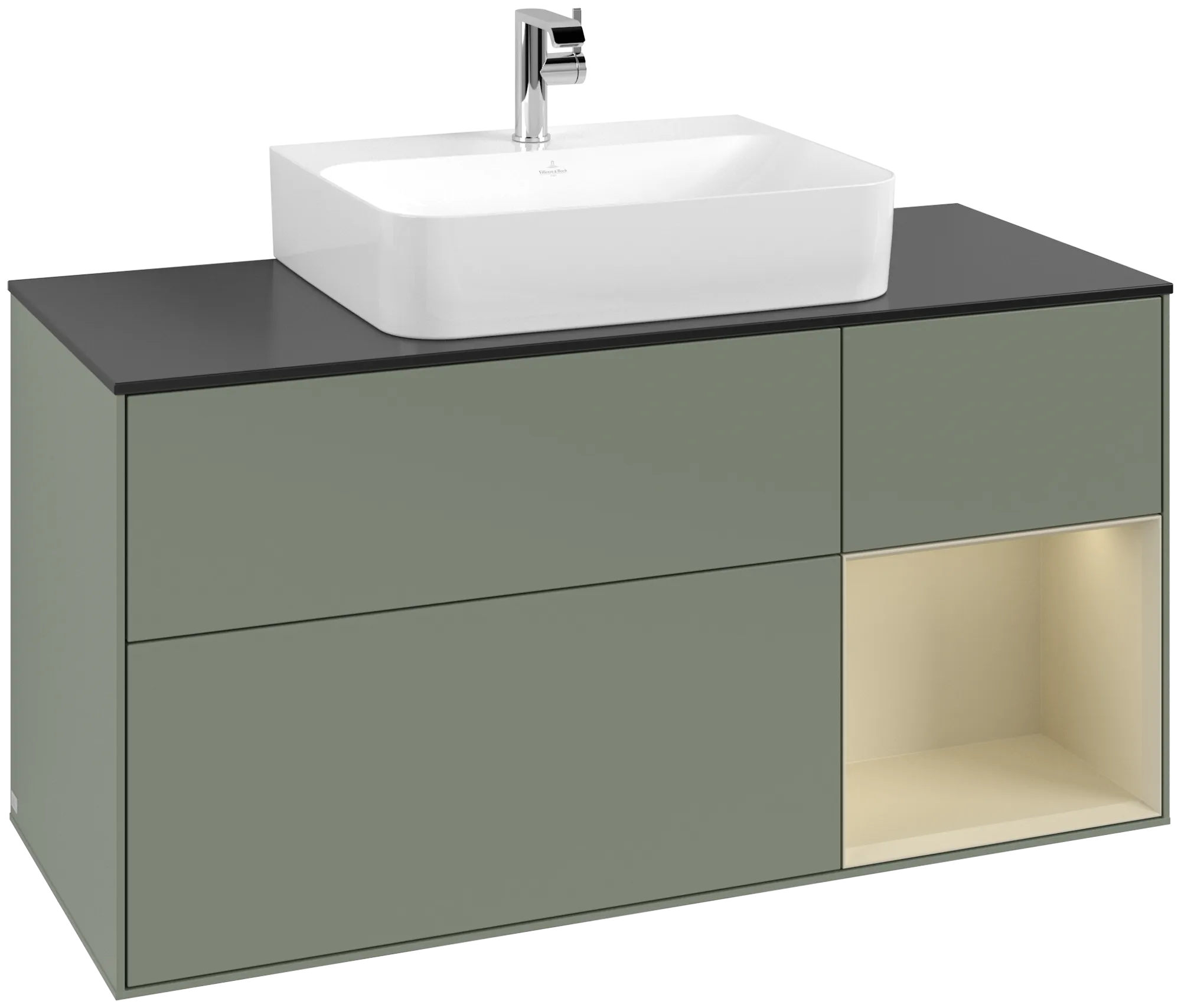 Bild von VILLEROY BOCH Finion Waschbeckenunterschrank, mit Beleuchtung, 3 Auszüge, 1200 x 603 x 501 mm, Olive Matt Lacquer / Silk Grey Matt Lacquer / Glass Black Matt #G172HJGM