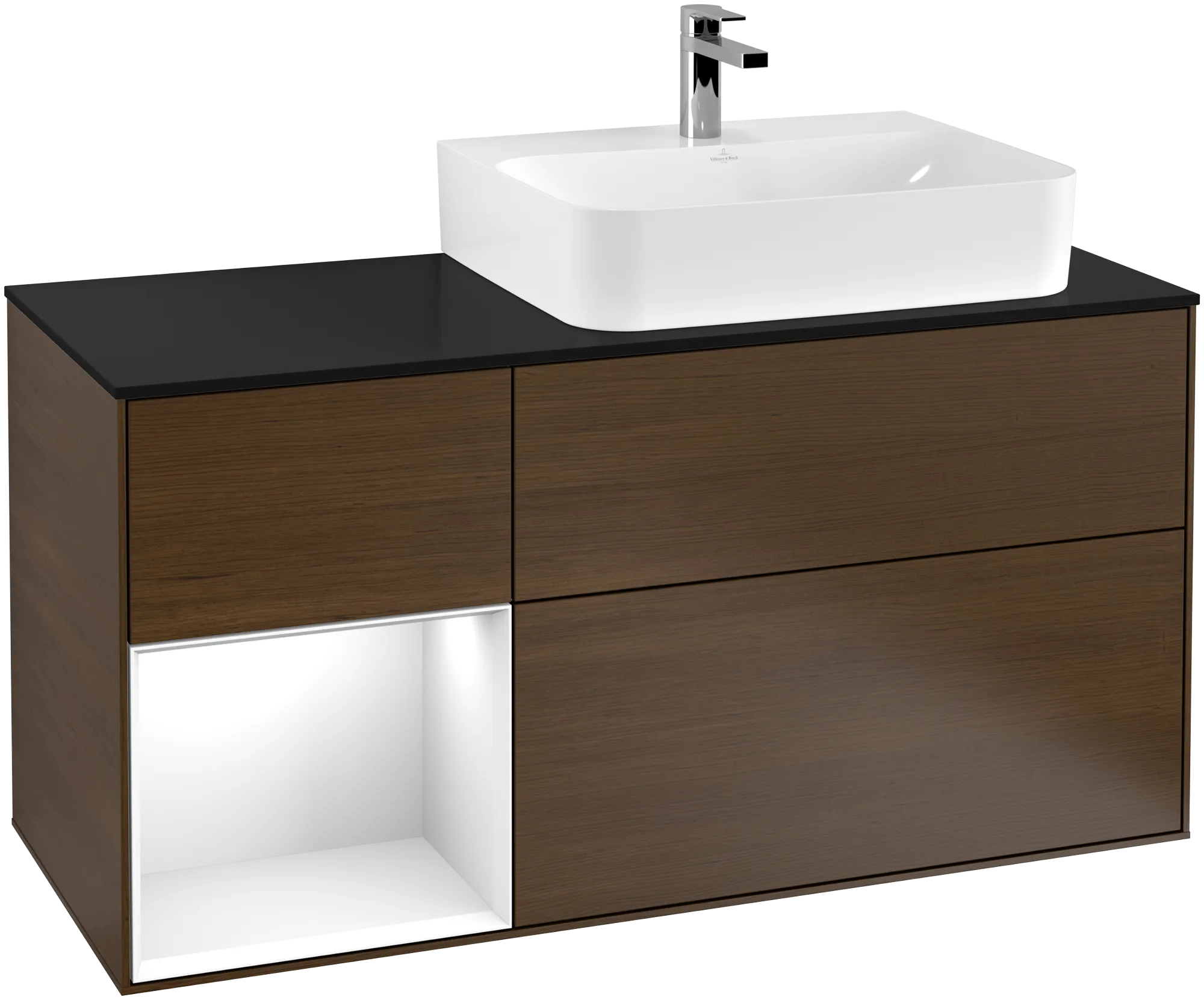 Bild von VILLEROY BOCH Finion Waschbeckenunterschrank, mit Beleuchtung, 3 Auszüge, 1200 x 603 x 501 mm, Walnut Veneer / Glossy White Lacquer / Glass Black Matt #G142GFGN