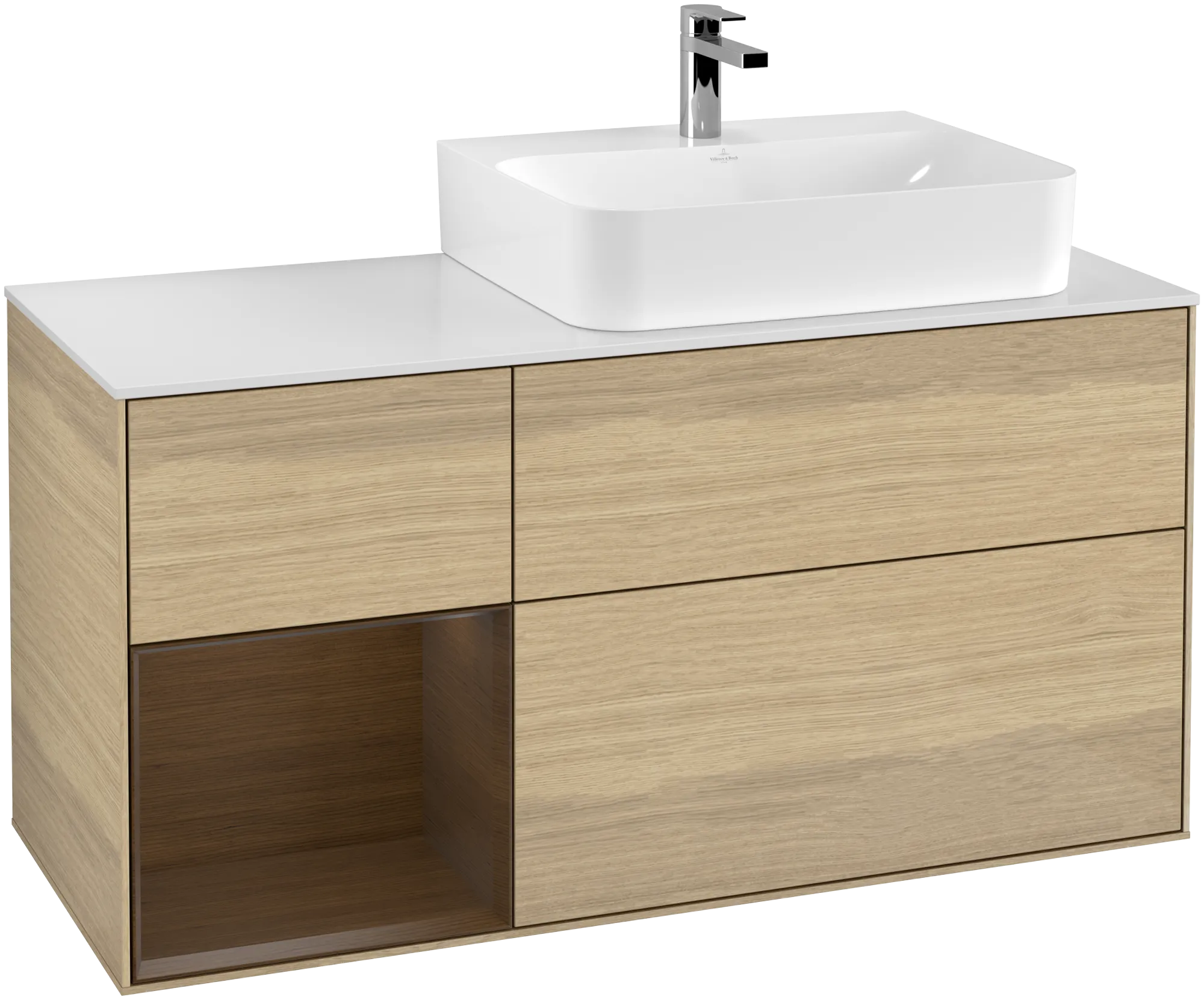 Bild von VILLEROY BOCH Finion Waschbeckenunterschrank, mit Beleuchtung, 3 Auszüge, 1200 x 603 x 501 mm, Oak Veneer / Walnut Veneer / Glass White Matt #G141GNPC