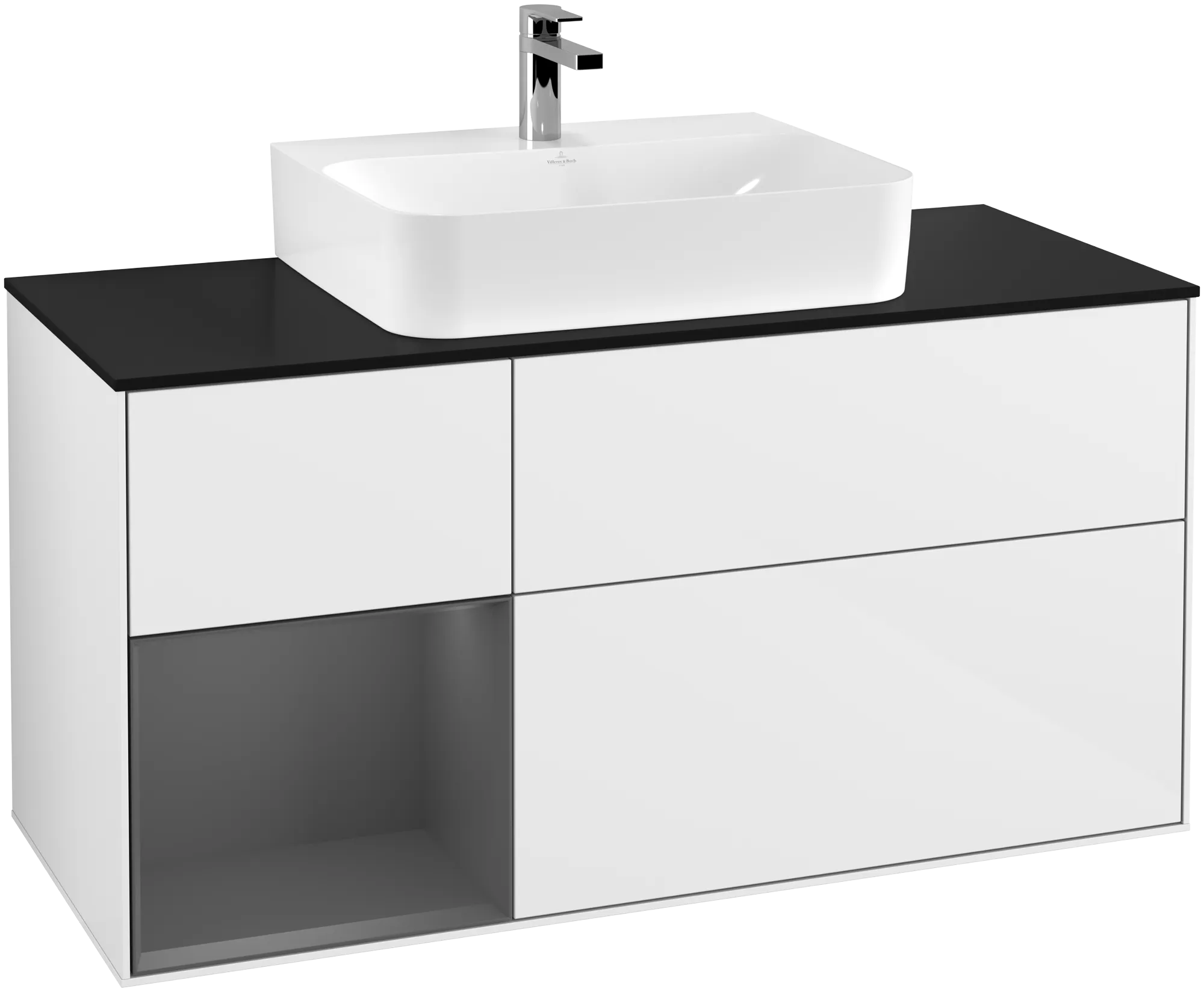 Bild von VILLEROY BOCH Finion Waschbeckenunterschrank, mit Beleuchtung, 3 Auszüge, 1200 x 603 x 501 mm, Glossy White Lacquer / Anthracite Matt Lacquer / Glass Black Matt #G162GKGF