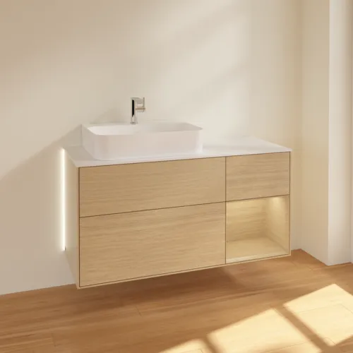 Bild von VILLEROY BOCH Finion Waschbeckenunterschrank, mit Beleuchtung, 3 Auszüge, 1200 x 603 x 501 mm, Oak Veneer / Oak Veneer / Glass White Matt #G151PCPC