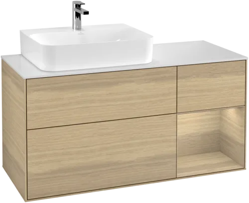 Bild von VILLEROY BOCH Finion Waschbeckenunterschrank, mit Beleuchtung, 3 Auszüge, 1200 x 603 x 501 mm, Oak Veneer / Oak Veneer / Glass White Matt #G151PCPC