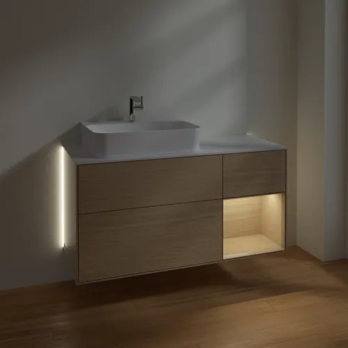 Bild von VILLEROY BOCH Finion Waschbeckenunterschrank, mit Beleuchtung, 3 Auszüge, 1200 x 603 x 501 mm, Oak Veneer / Oak Veneer / Glass White Matt #G151PCPC