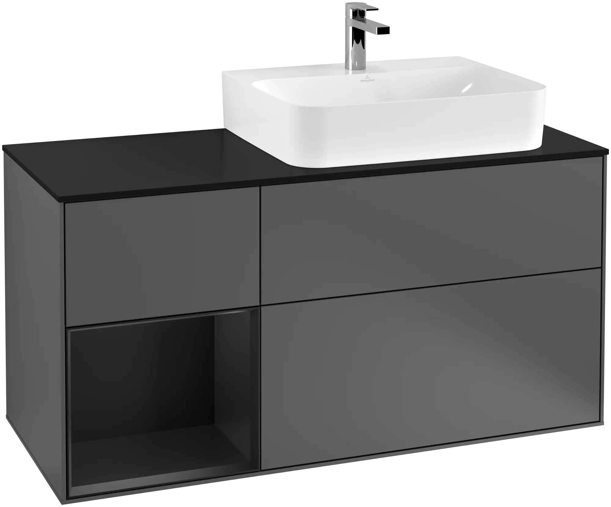 Bild von VILLEROY BOCH Finion Waschbeckenunterschrank, mit Beleuchtung, 3 Auszüge, 1200 x 603 x 501 mm, Anthracite Matt Lacquer / Black Matt Lacquer / Glass Black Matt #G142PDGK