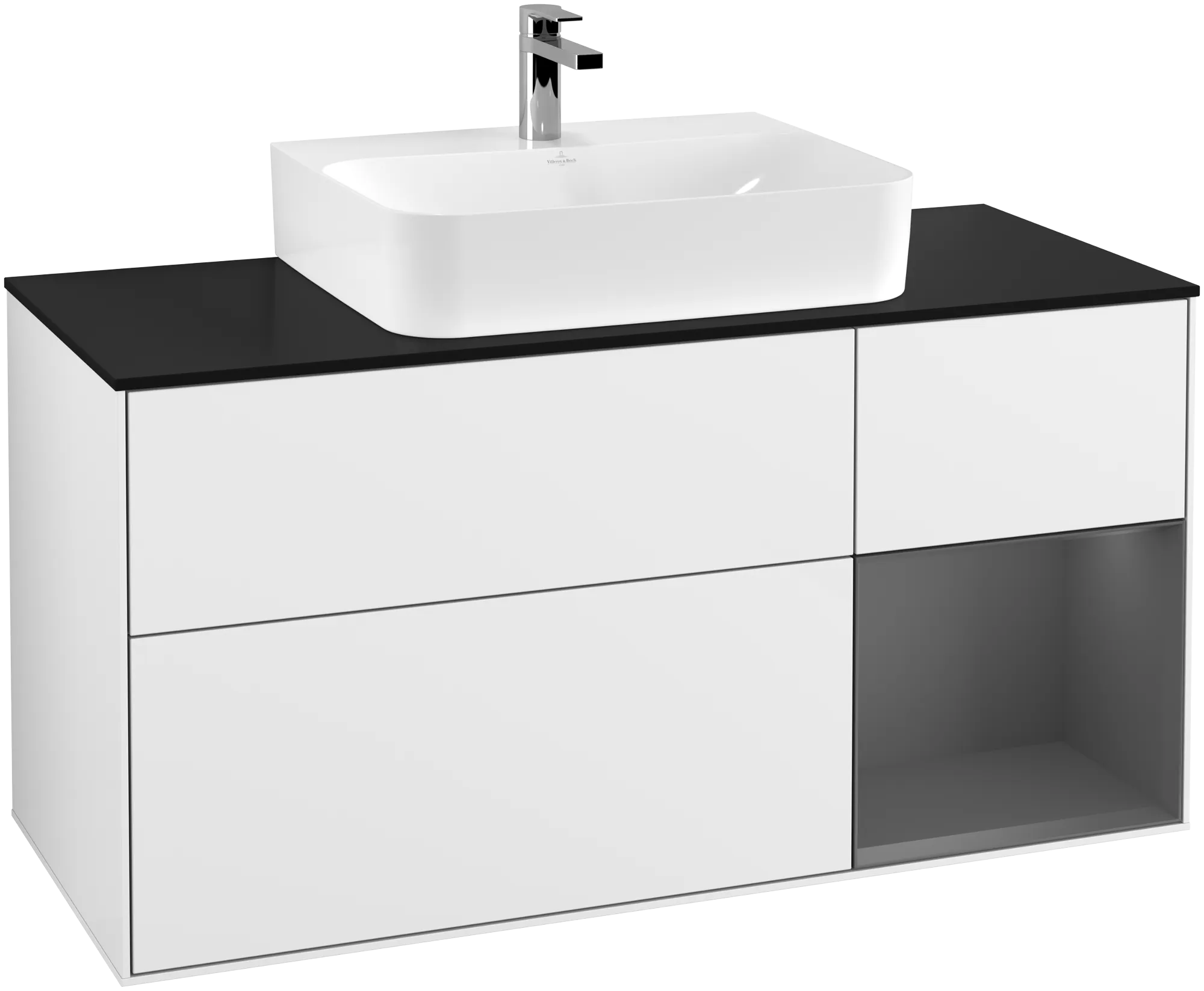 Bild von VILLEROY BOCH Finion Waschbeckenunterschrank, mit Beleuchtung, 3 Auszüge, 1200 x 603 x 501 mm, Glossy White Lacquer / Anthracite Matt Lacquer / Glass Black Matt #G172GKGF